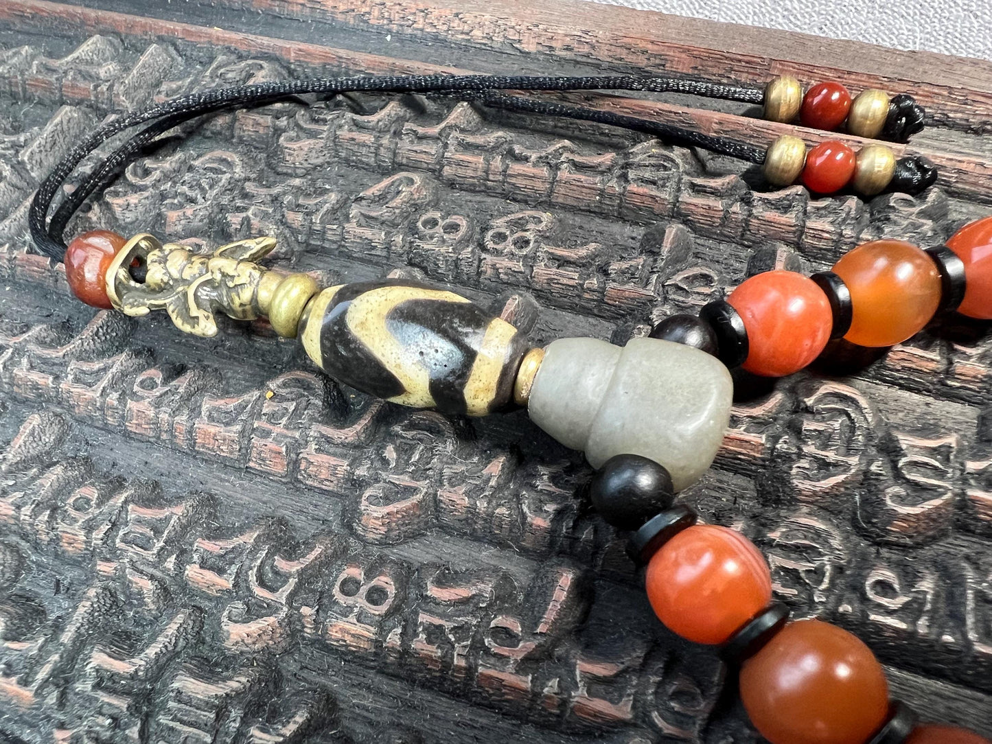 Tibetan Red Agate Mala Necklace – Dzi Bead, Brass Garuda, Adjustable, 18” (Nanhong Agate, Meditation Prayer Beads)