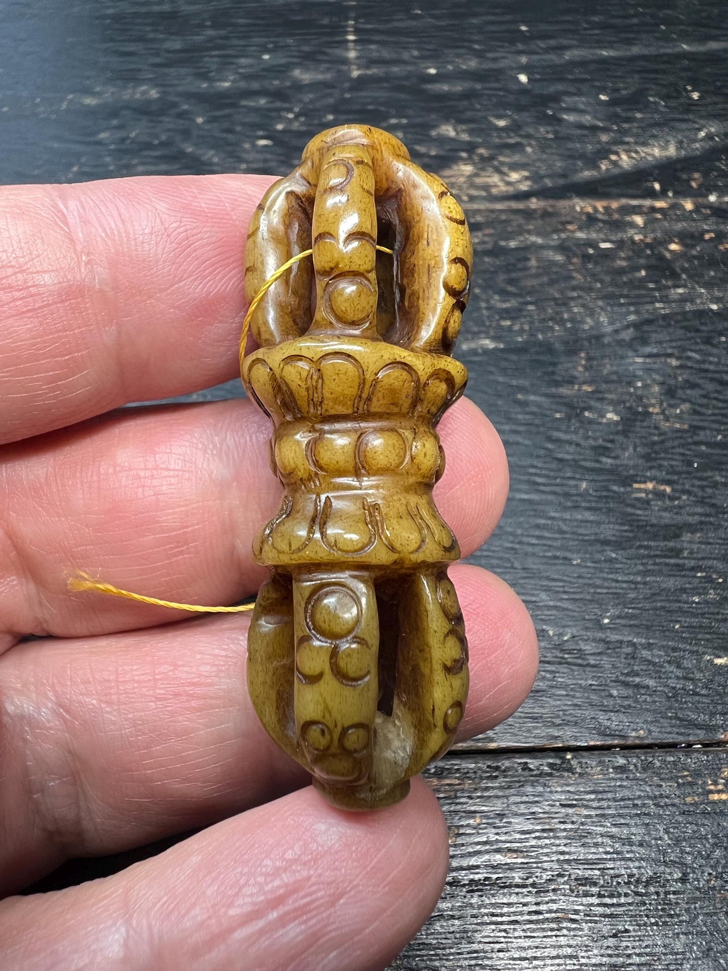 Hand‑Carved Yak Bone Double Vajra Pendant | Tibetan Dorje Talisman Bead with Turquoise & Coral Inlay | Large Guru Bead for Mala or Necklace