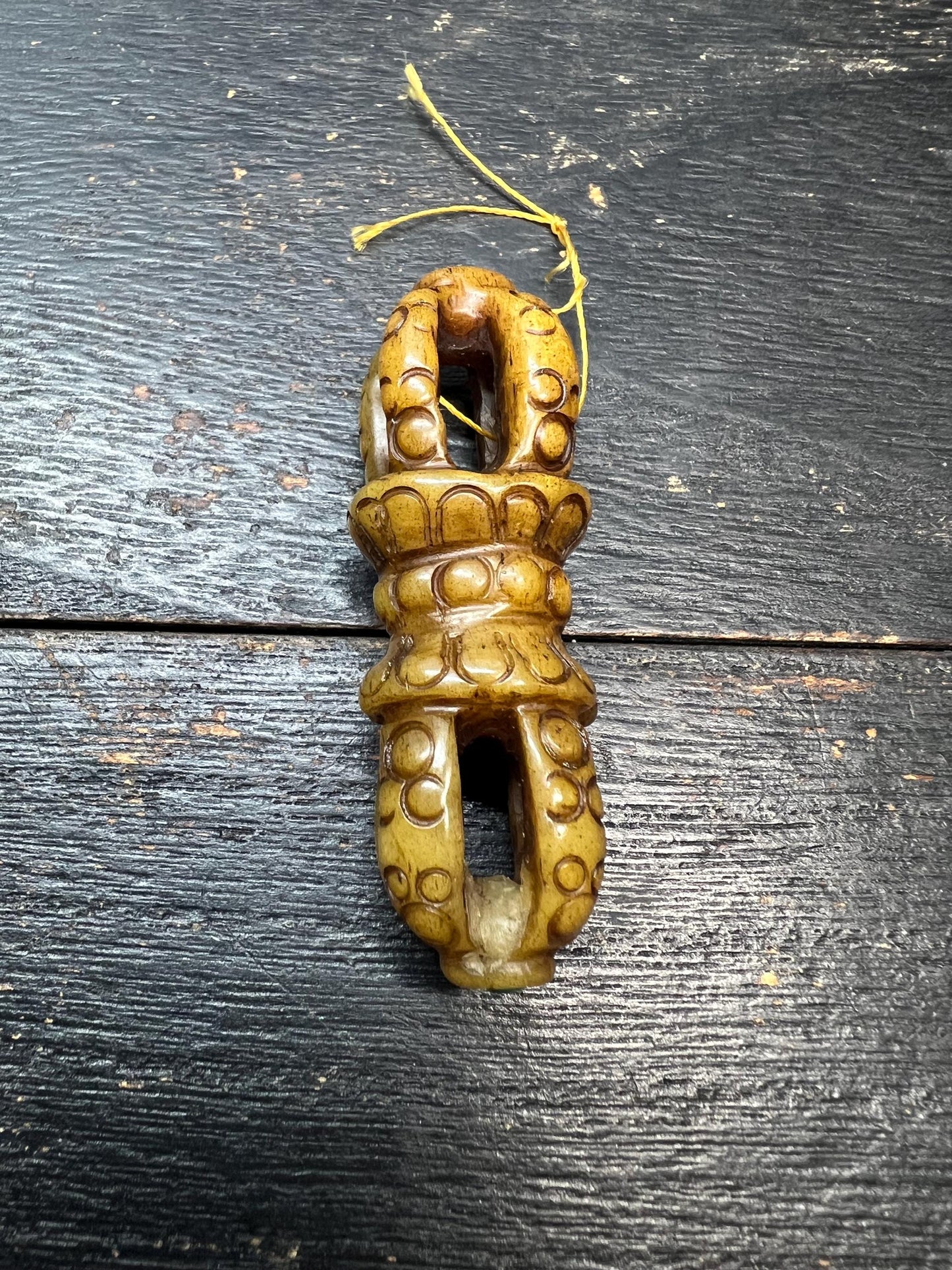 Hand‑Carved Yak Bone Double Vajra Pendant | Tibetan Dorje Talisman Bead with Turquoise & Coral Inlay | Large Guru Bead for Mala or Necklace