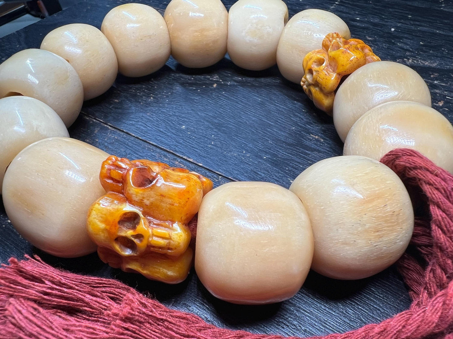 Vintage Tibetan Horse Bone Wrist Mala with Yak Bone Skull Spacer Beads, Large Carved Bone Prayer Bracelet, Buddhist Impermanence Talisman