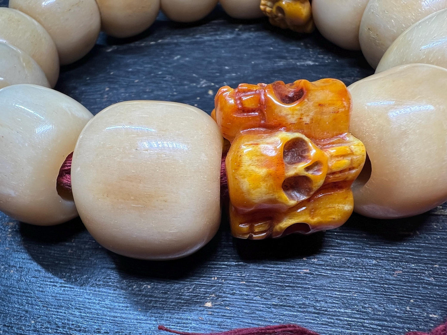 Vintage Tibetan Horse Bone Wrist Mala with Yak Bone Skull Spacer Beads, Large Carved Bone Prayer Bracelet, Buddhist Impermanence Talisman
