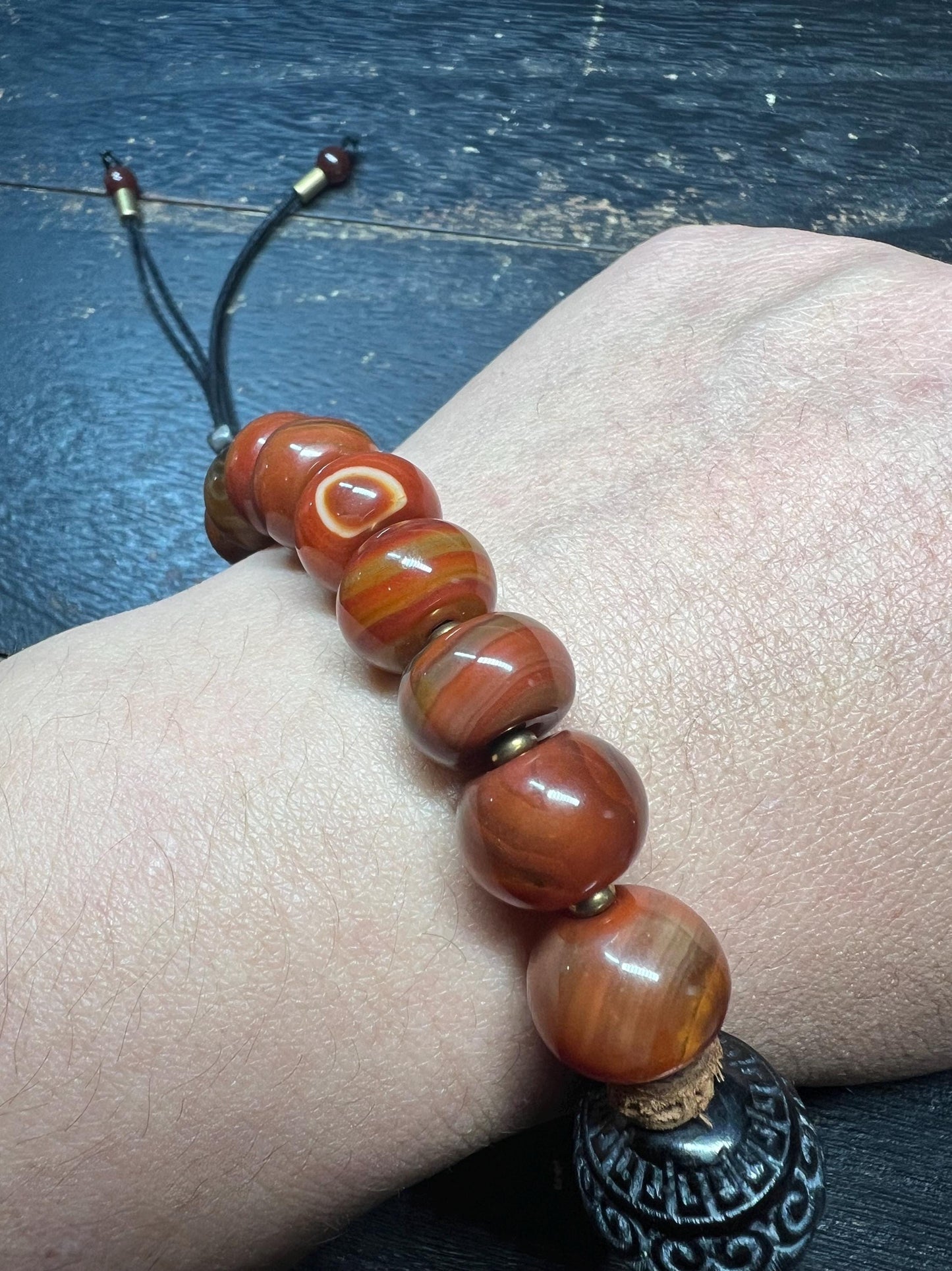 Red Agate Barrel Bead Bracelet with Brass Guru Bead and Carved Horn Center Bead, Tibetan-Style Adjustable Wrist Mala