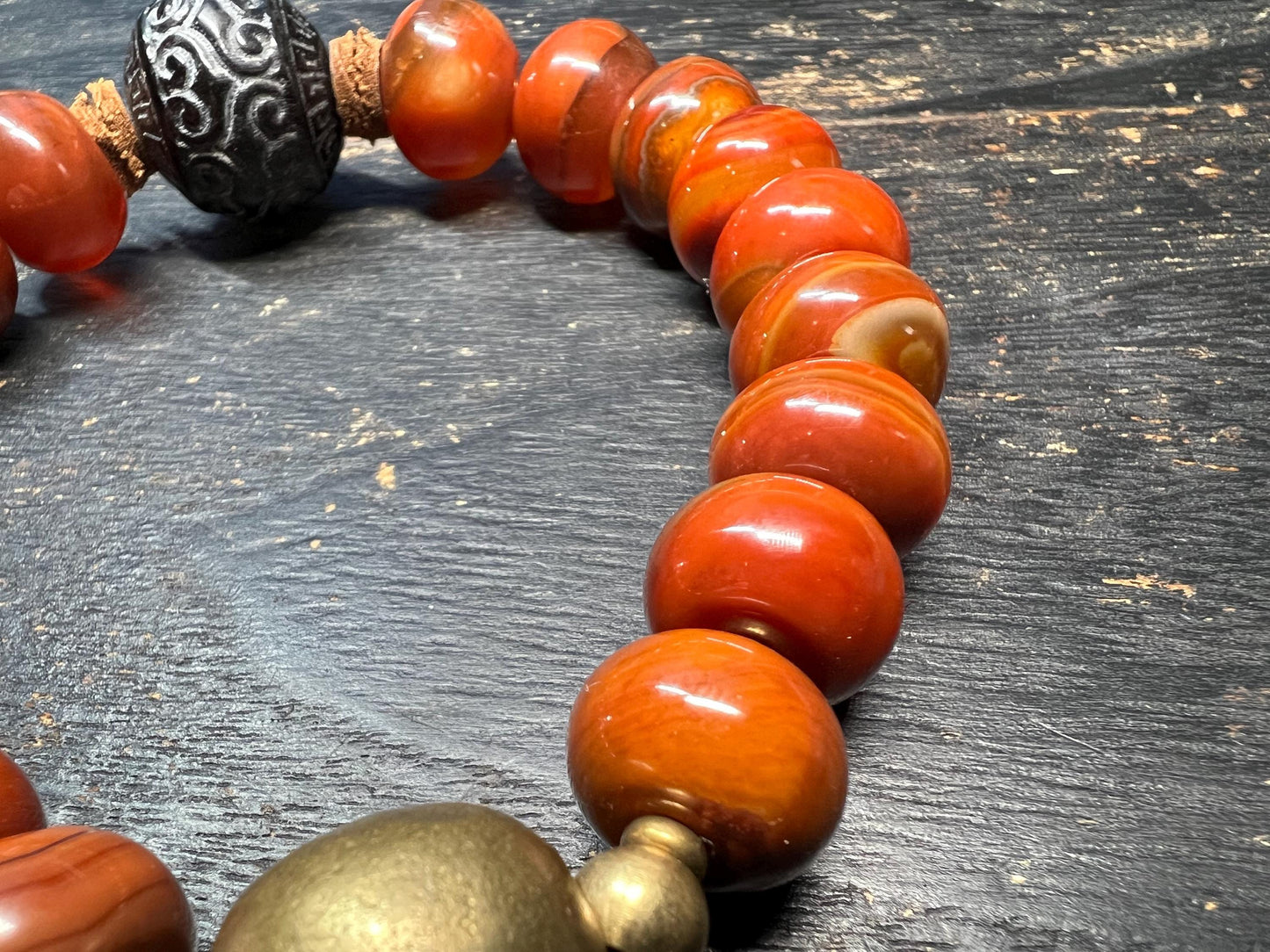 Red Agate Barrel Bead Bracelet with Brass Guru Bead and Carved Horn Center Bead, Tibetan-Style Adjustable Wrist Mala