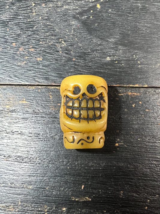 Hand-Carved Vintage Yak Bone Citipati Skull Guru Bead, Charnel Ground Deity with Mantra Dots, Tibetan Mala Focal Bead, 3-Hole Connector