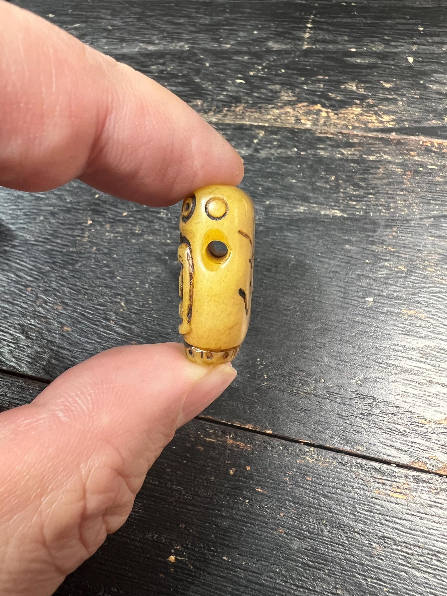 Hand-Carved Yak Bone Citipati Skull Guru Bead with Om Mani Mantra, Tibetan Charnel Ground Mala Focal, 3‑Hole Yak Bone Connector