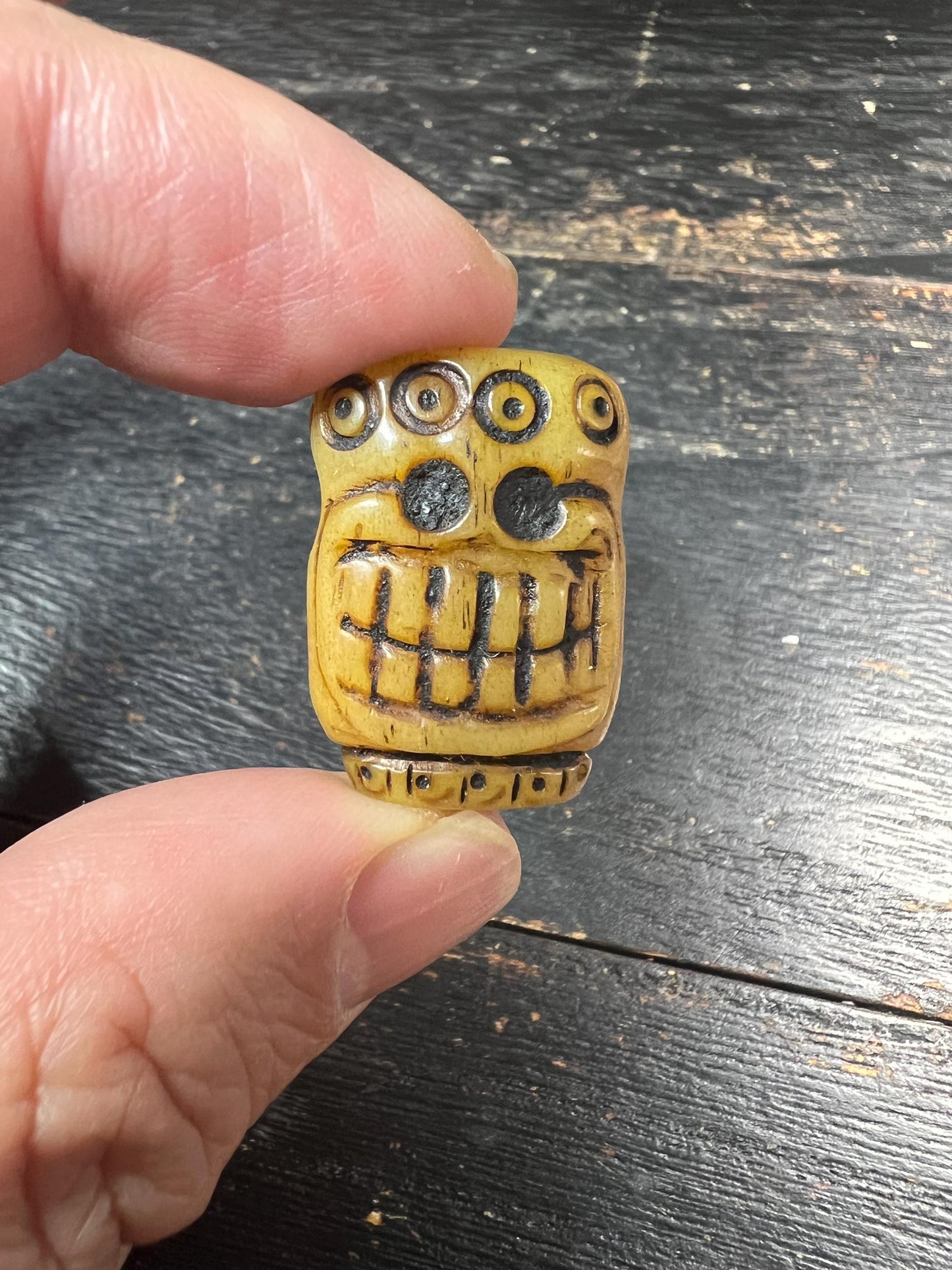 Hand-Carved Yak Bone Citipati Skull Guru Bead with Om Mani Mantra, Tibetan Charnel Ground Mala Focal, 3‑Hole Yak Bone Connector