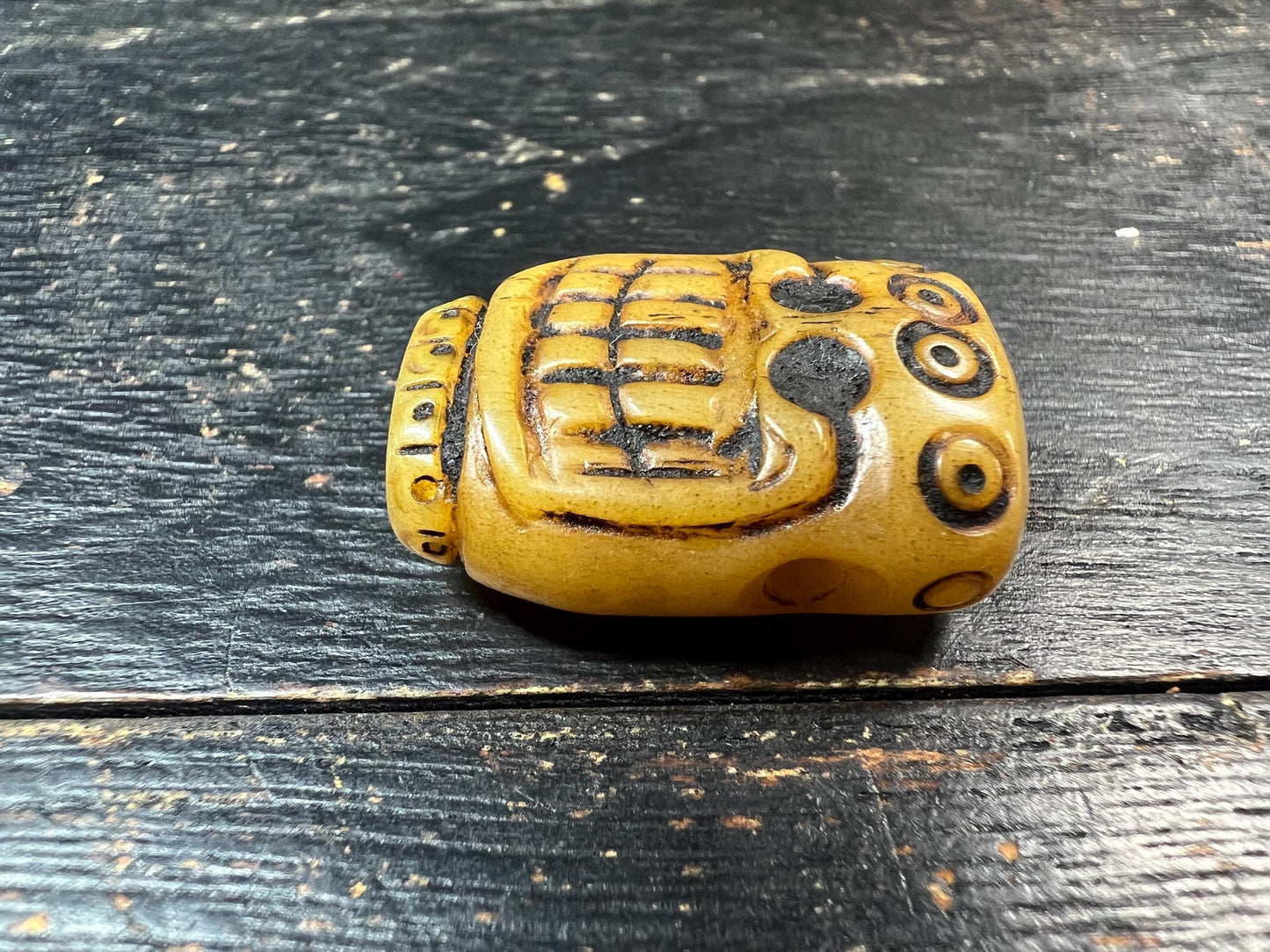 Hand-Carved Yak Bone Citipati Skull Guru Bead with Om Mani Mantra, Tibetan Charnel Ground Mala Focal, 3‑Hole Yak Bone Connector
