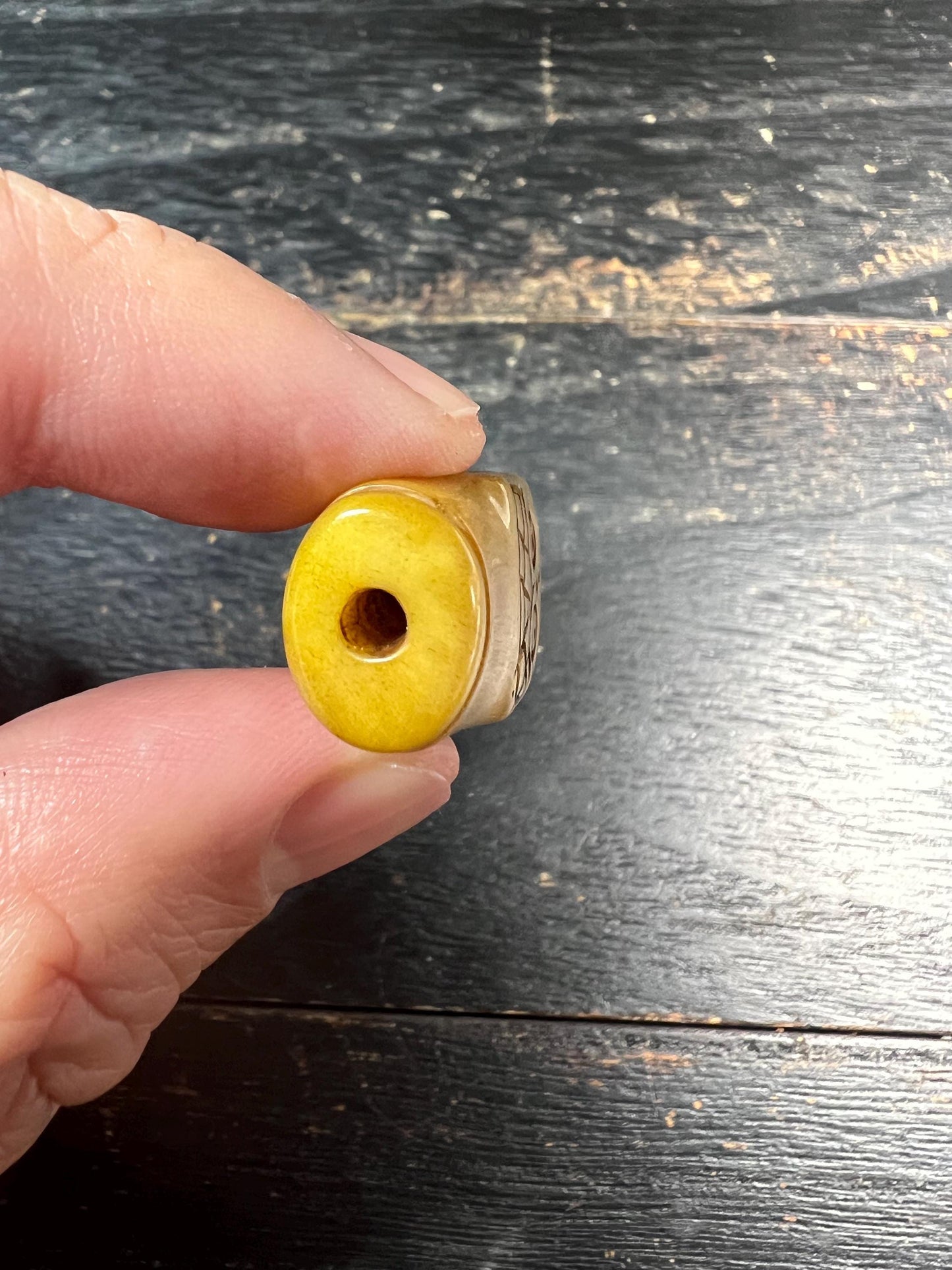 Hand-Carved Yak Bone Citipati Skull Focal Bead with Om Mani Mantra, Tapered Tibetan Charnel Ground Mala Center Bead