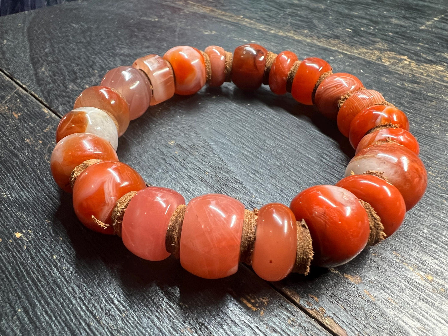 Handmade Tibetan Nanhong Agate Bracelet, Southern Red Agate, Leather Spacer Mala, Fits 8” Wrist, Buddhist Meditation Jewelry, Unisex Gift