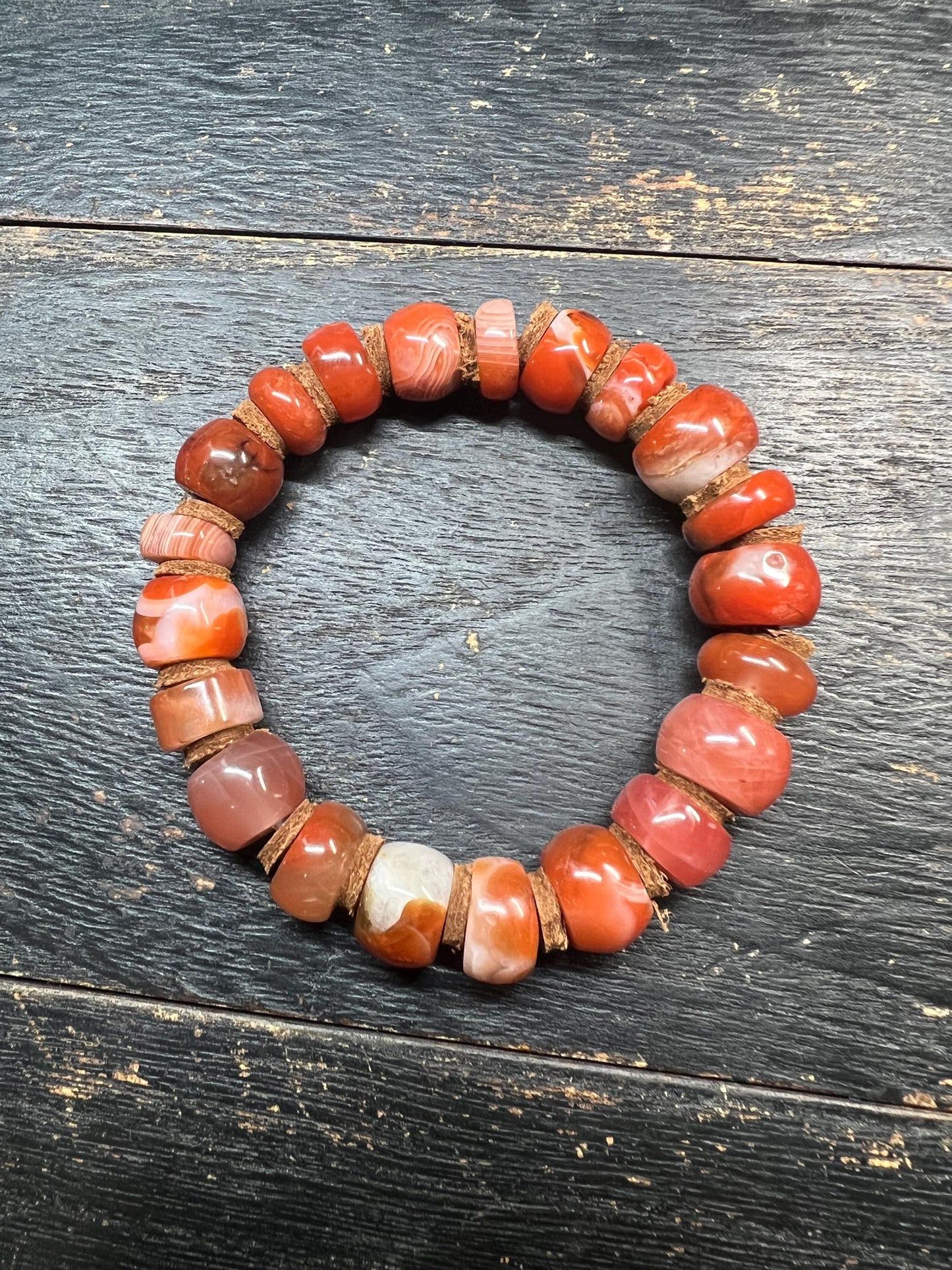 Handmade Tibetan Nanhong Agate Bracelet, Southern Red Agate, Leather Spacer Mala, Fits 8” Wrist, Buddhist Meditation Jewelry, Unisex Gift