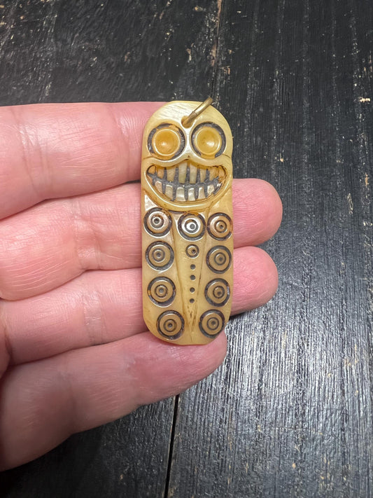 Hand Carved Yak Bone Mantra Talisman Pendant, Double Sided Smiling Protection Amulet, Tibetan Om Mani Padme Hum Tag, Vintage Style Bone Neck