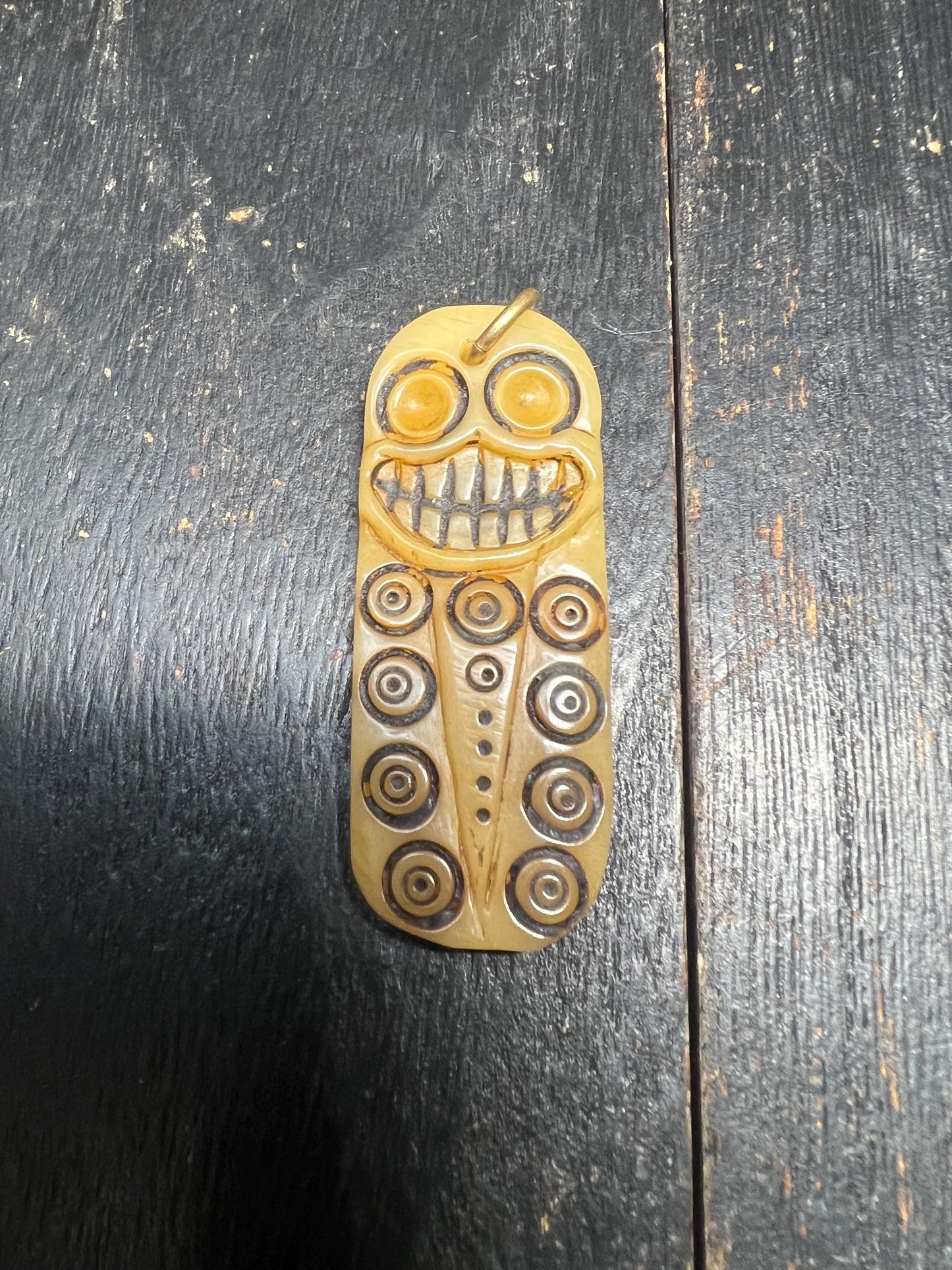 Hand Carved Yak Bone Mantra Talisman Pendant, Double Sided Smiling Protection Amulet, Tibetan Om Mani Padme Hum Tag, Vintage Style Bone Neck
