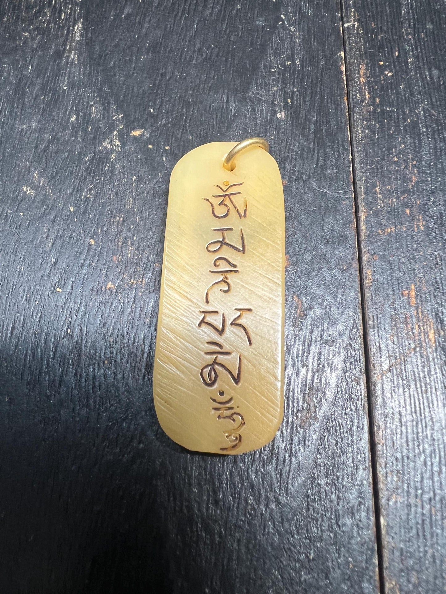 Hand Carved Yak Bone Mantra Talisman Pendant, Double Sided Smiling Protection Amulet, Tibetan Om Mani Padme Hum Tag, Vintage Style Bone Neck