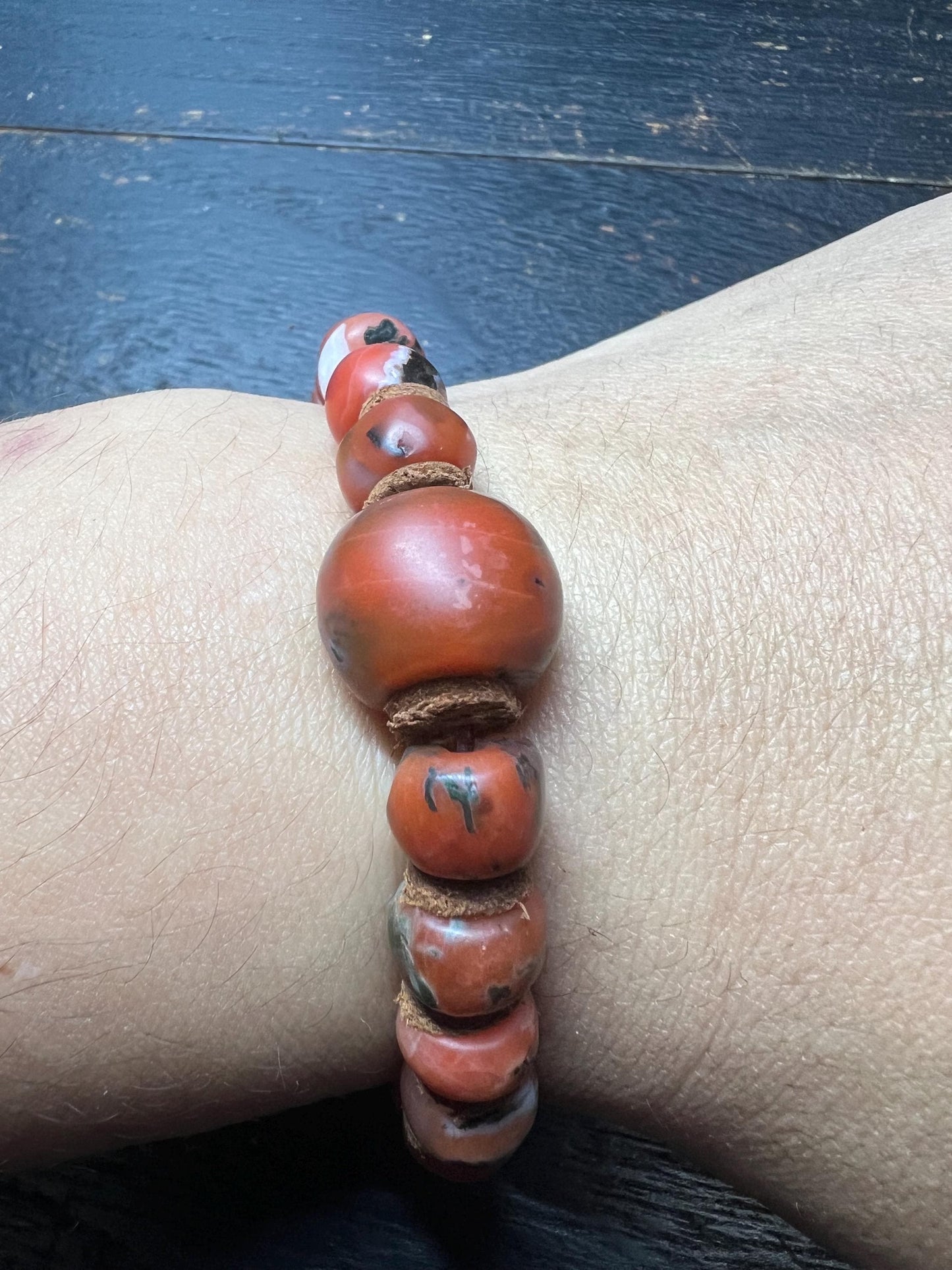 Handmade Nanhong Agate Bracelet with Iron-Line Inclusions and Cowhide Spacers, Large 16mm Focal Bead, Natural South Red Agate Prayer Beads