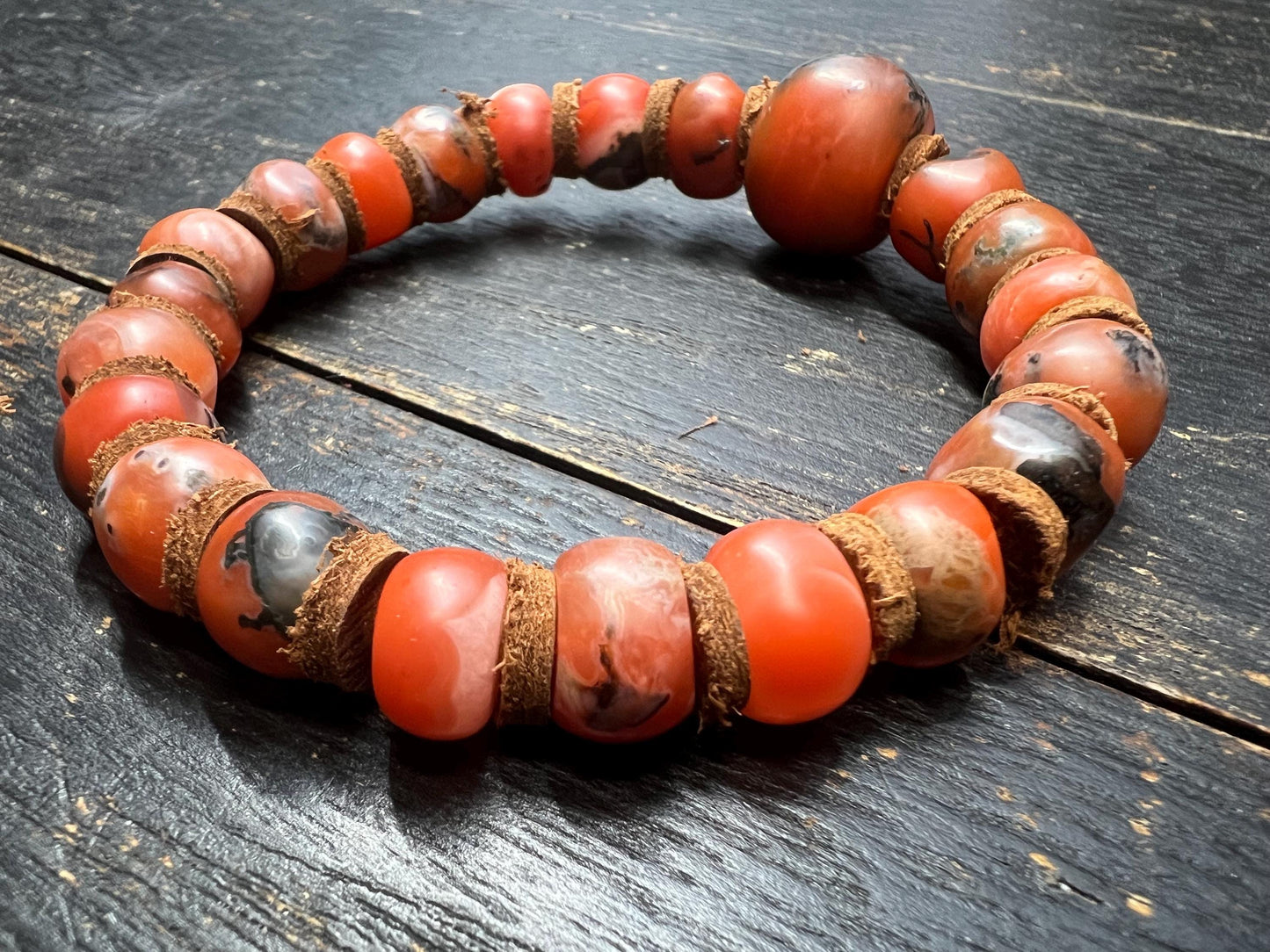 Handmade Nanhong Agate Bracelet with Iron-Line Inclusions and Cowhide Spacers, Large 16mm Focal Bead, Natural South Red Agate Prayer Beads