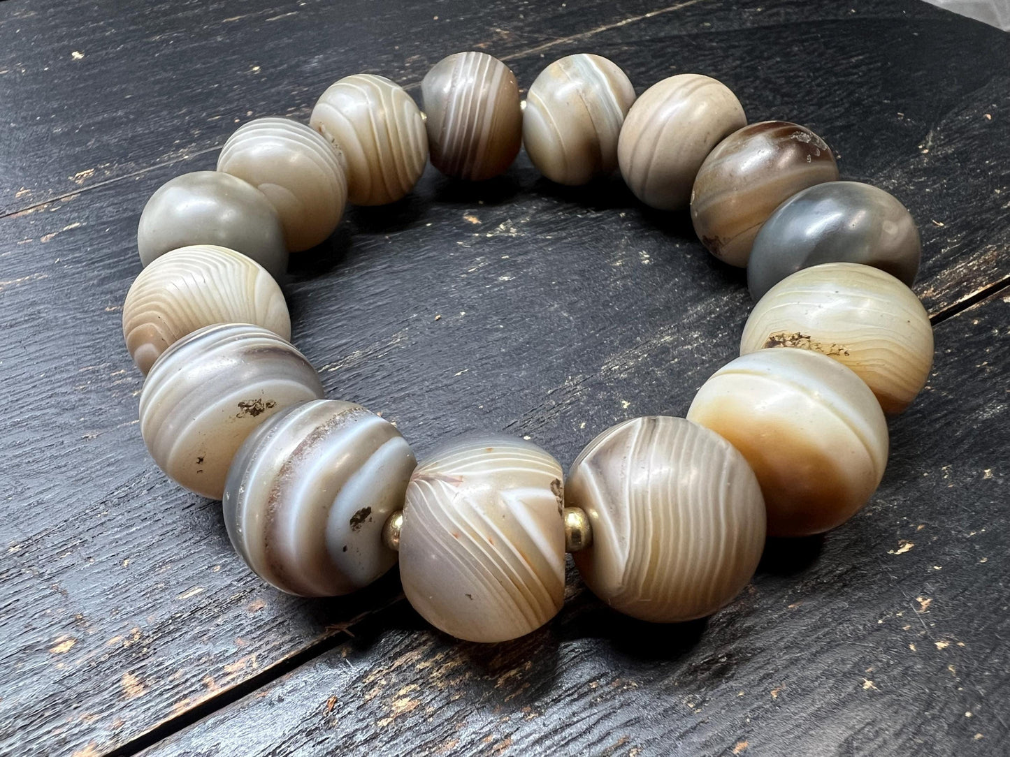 Large 17–18mm Banded Agate Bead Bracelet with Brass Spacers, Neutral Grey Cream Tones, Fits 9 Inch Wrist