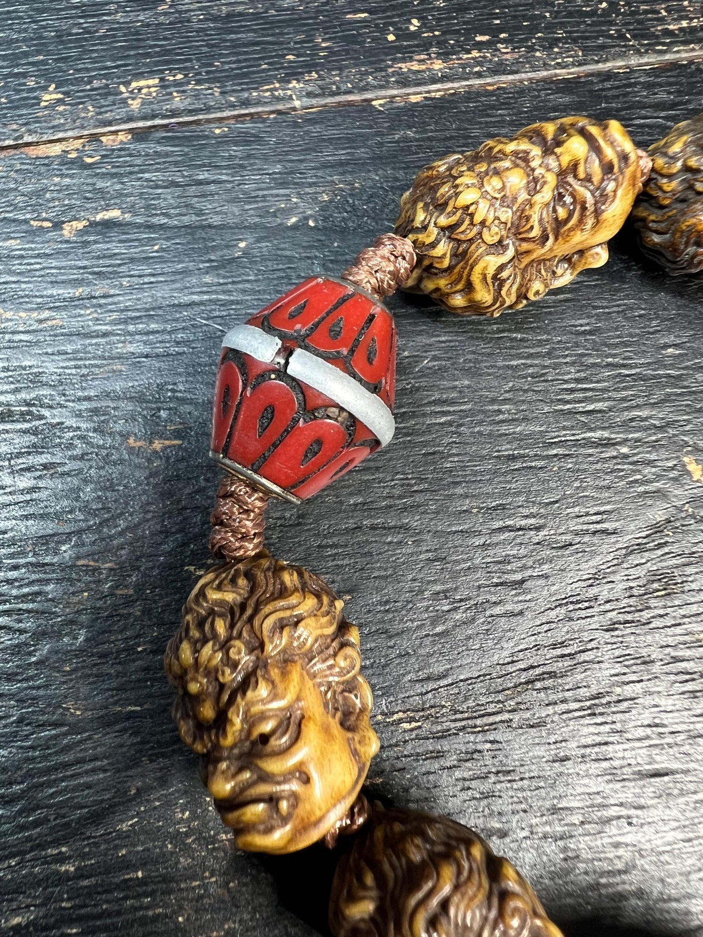 Tibetan Yak Bone Mahakala Bracelet with Coral Inlay Guru Bead | Hand‑Carved Skull Deity Heads