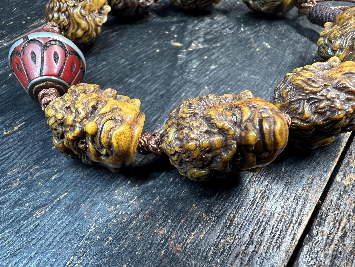 Tibetan Yak Bone Mahakala Bracelet with Coral Inlay Guru Bead | Hand‑Carved Skull Deity Heads