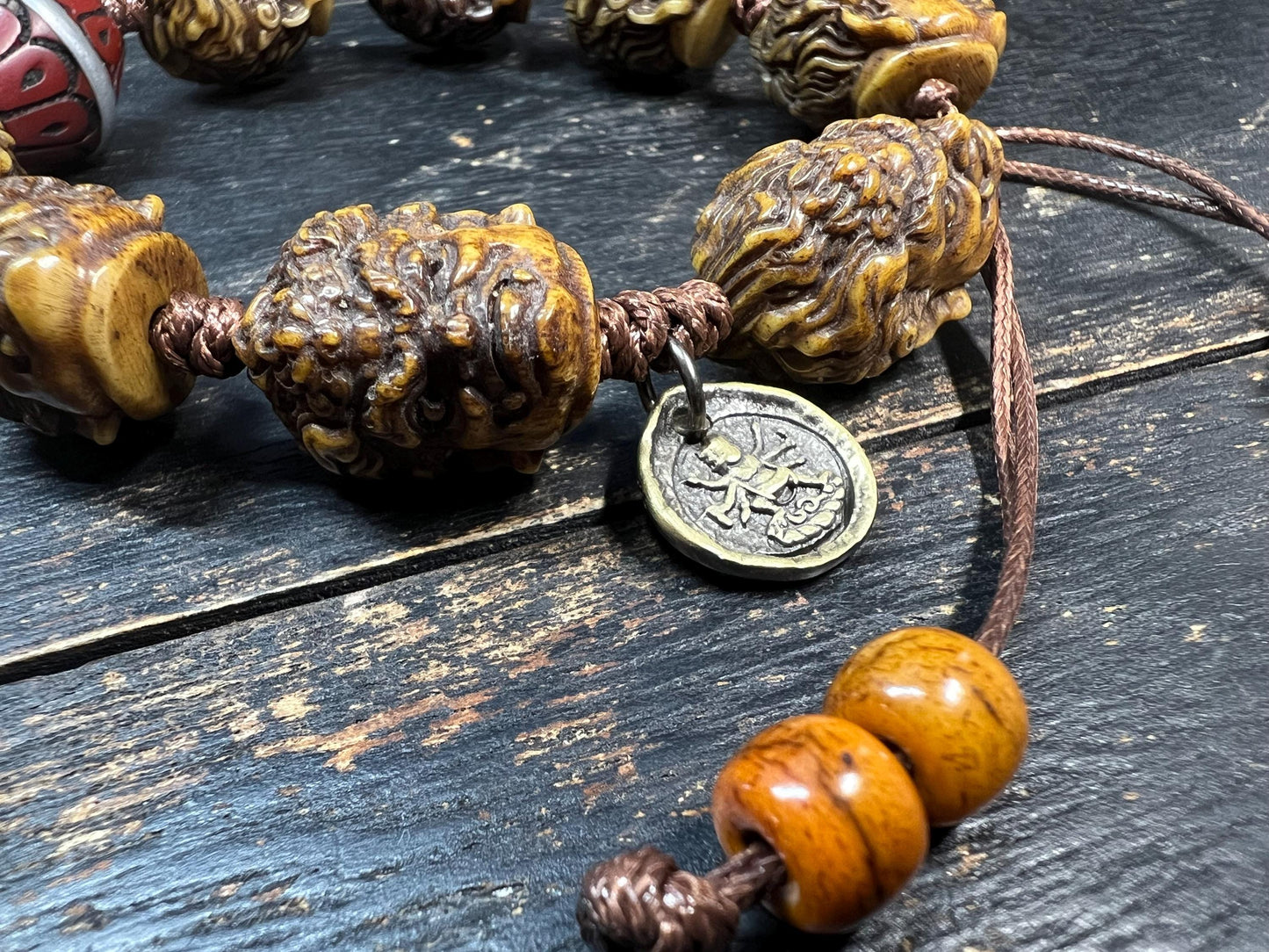 Tibetan Yak Bone Mahakala Bracelet with Coral Inlay Guru Bead | Hand‑Carved Skull Deity Heads