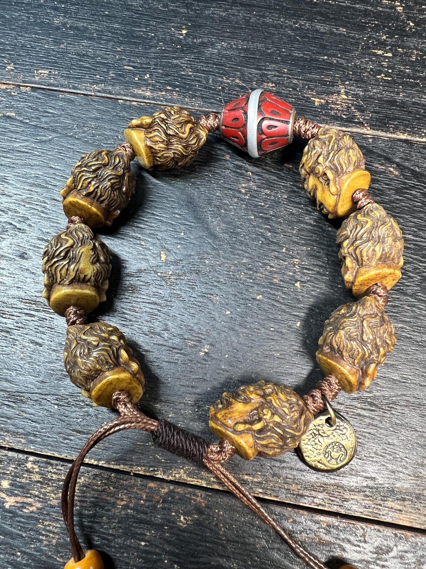 Tibetan Yak Bone Mahakala Bracelet with Coral Inlay Guru Bead | Hand‑Carved Skull Deity Heads