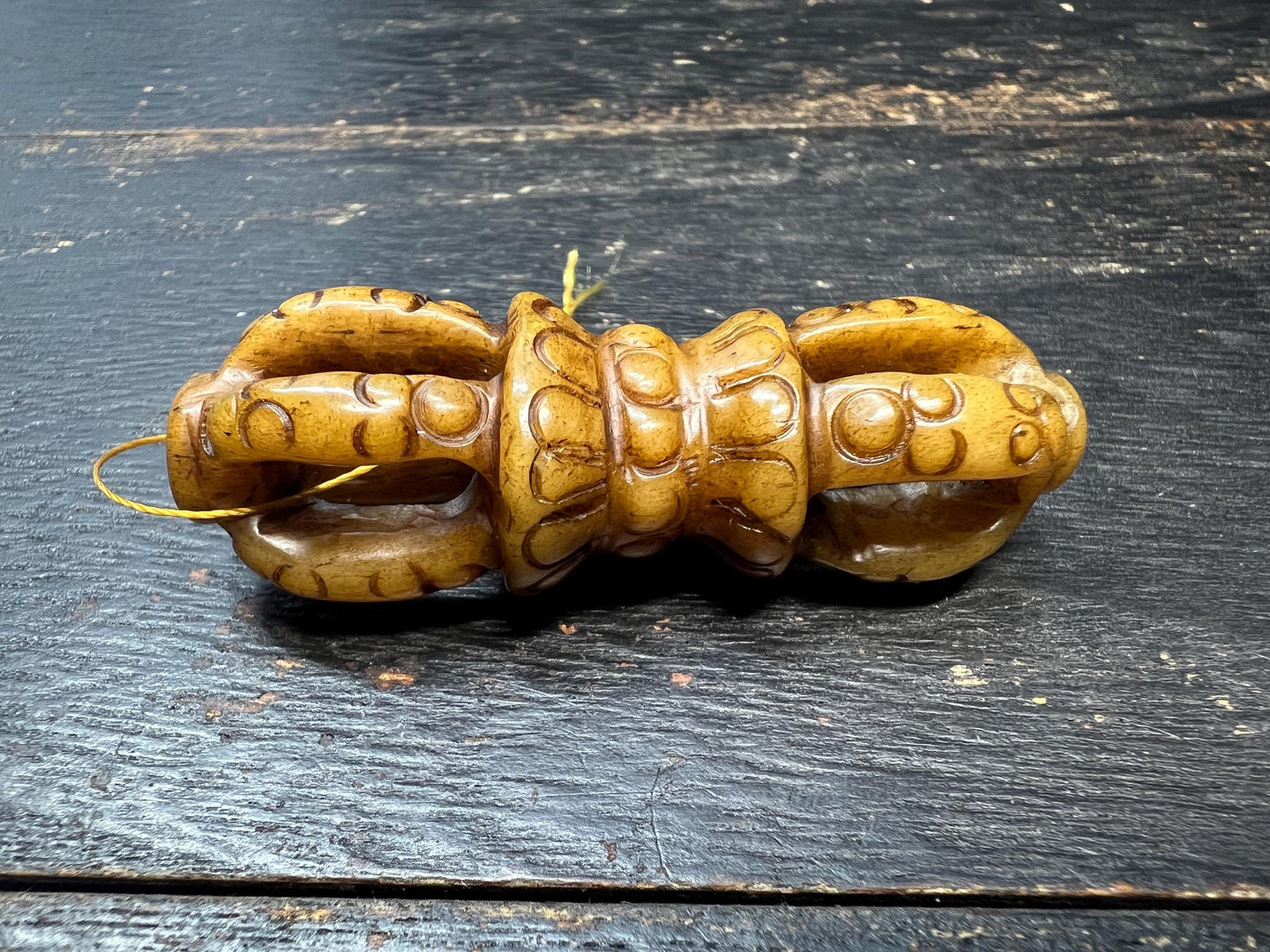 Hand‑Carved Yak Bone Double Vajra Pendant | Tibetan Dorje Talisman Bead with Turquoise & Coral Inlay | Large Guru Bead for Mala or Necklace