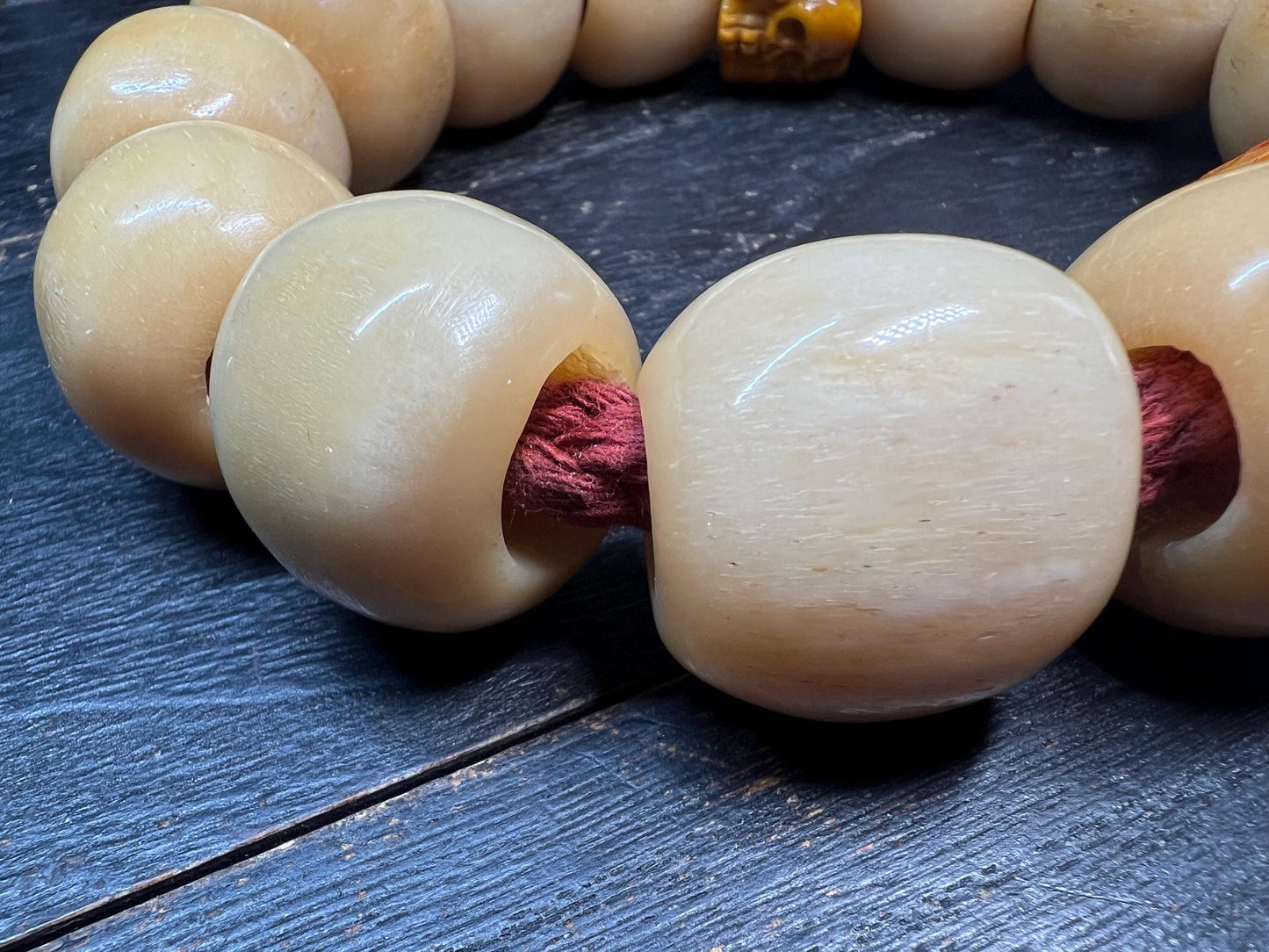 Vintage Tibetan Horse Bone Wrist Mala with Yak Bone Skull Spacer Beads, Large Carved Bone Prayer Bracelet, Buddhist Impermanence Talisman
