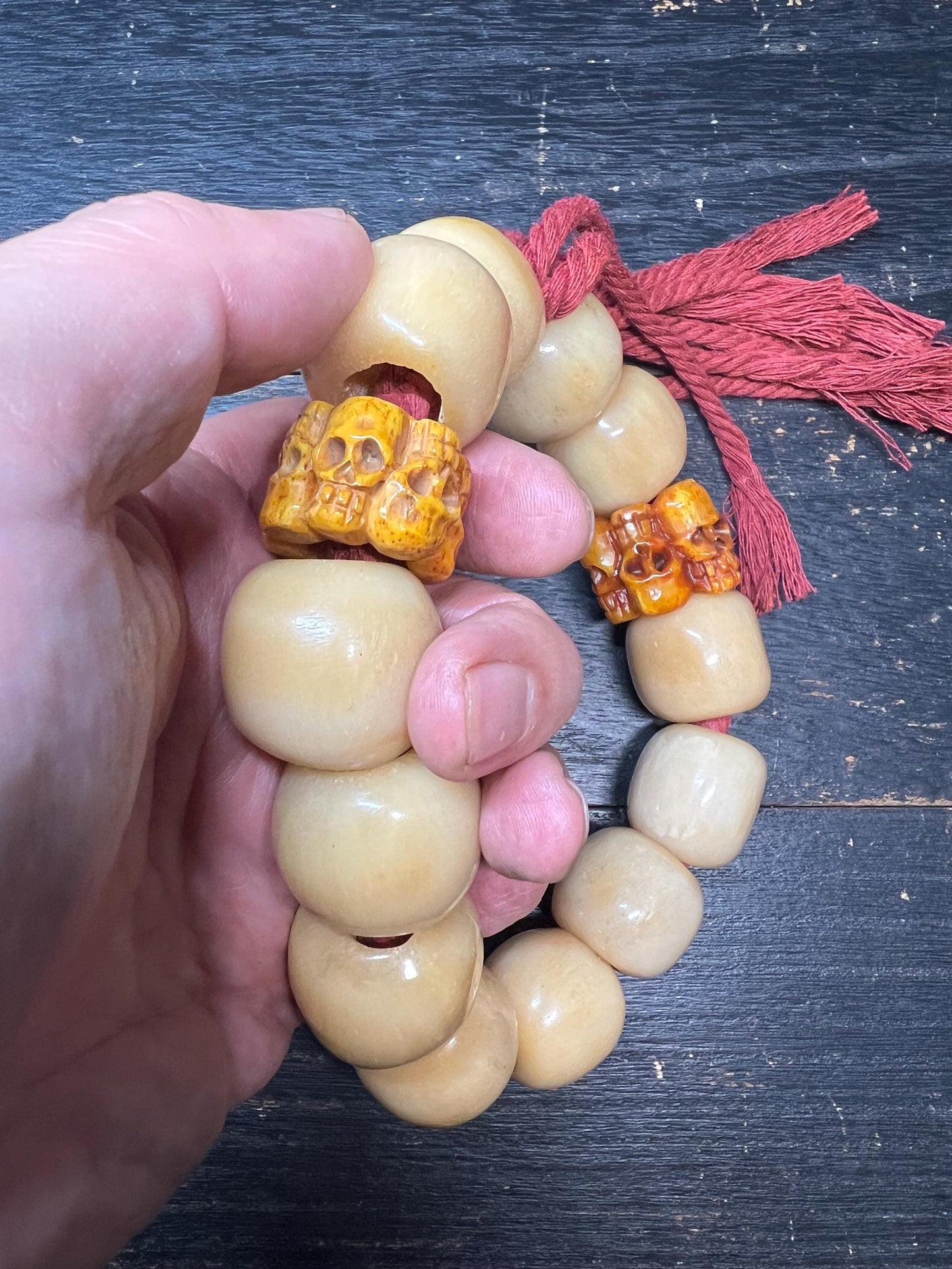 Vintage Tibetan Horse Bone Wrist Mala with Yak Bone Skull Spacer Beads, Large Carved Bone Prayer Bracelet, Buddhist Impermanence Talisman