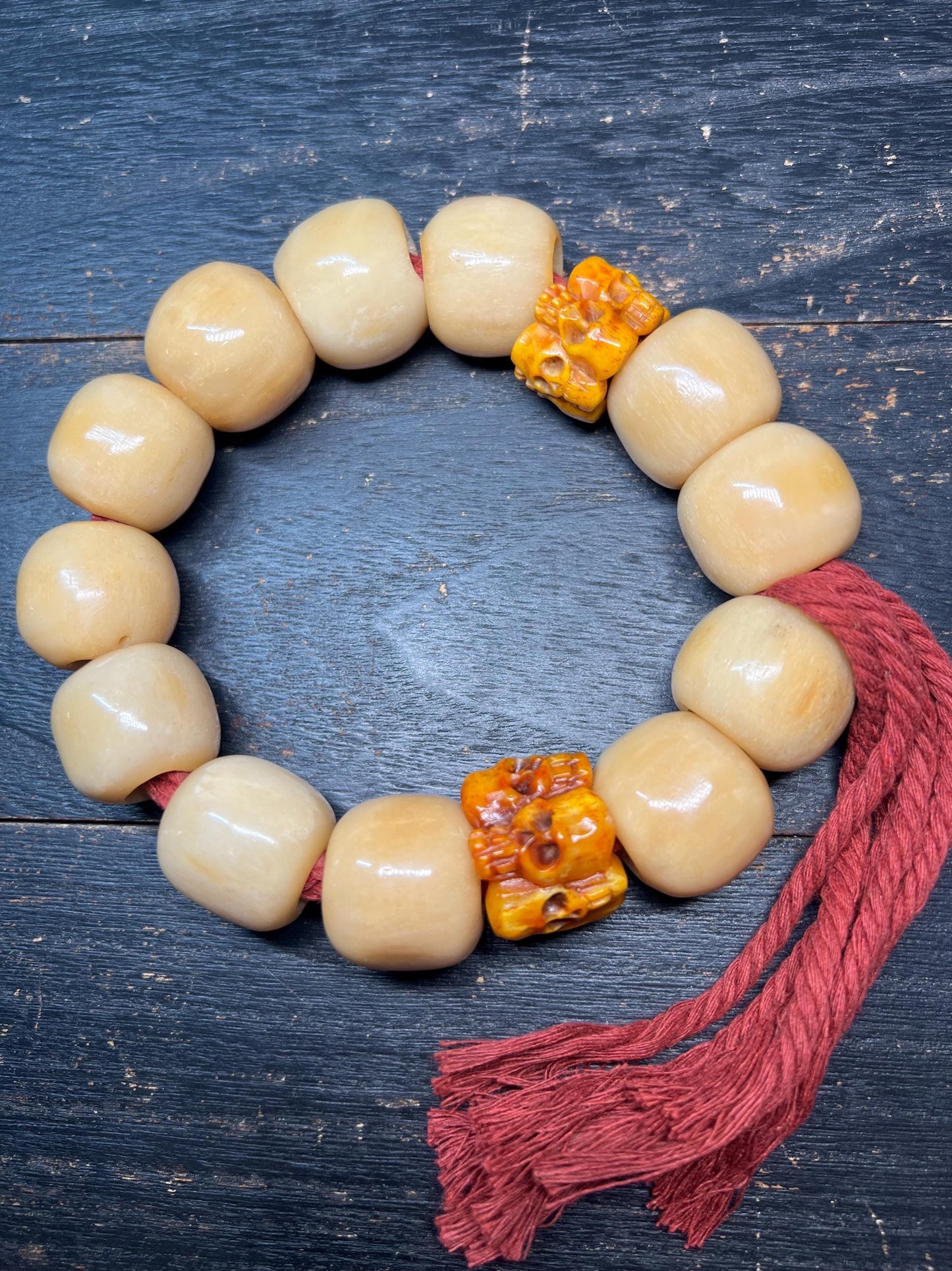 Vintage Tibetan Horse Bone Wrist Mala with Yak Bone Skull Spacer Beads, Large Carved Bone Prayer Bracelet, Buddhist Impermanence Talisman
