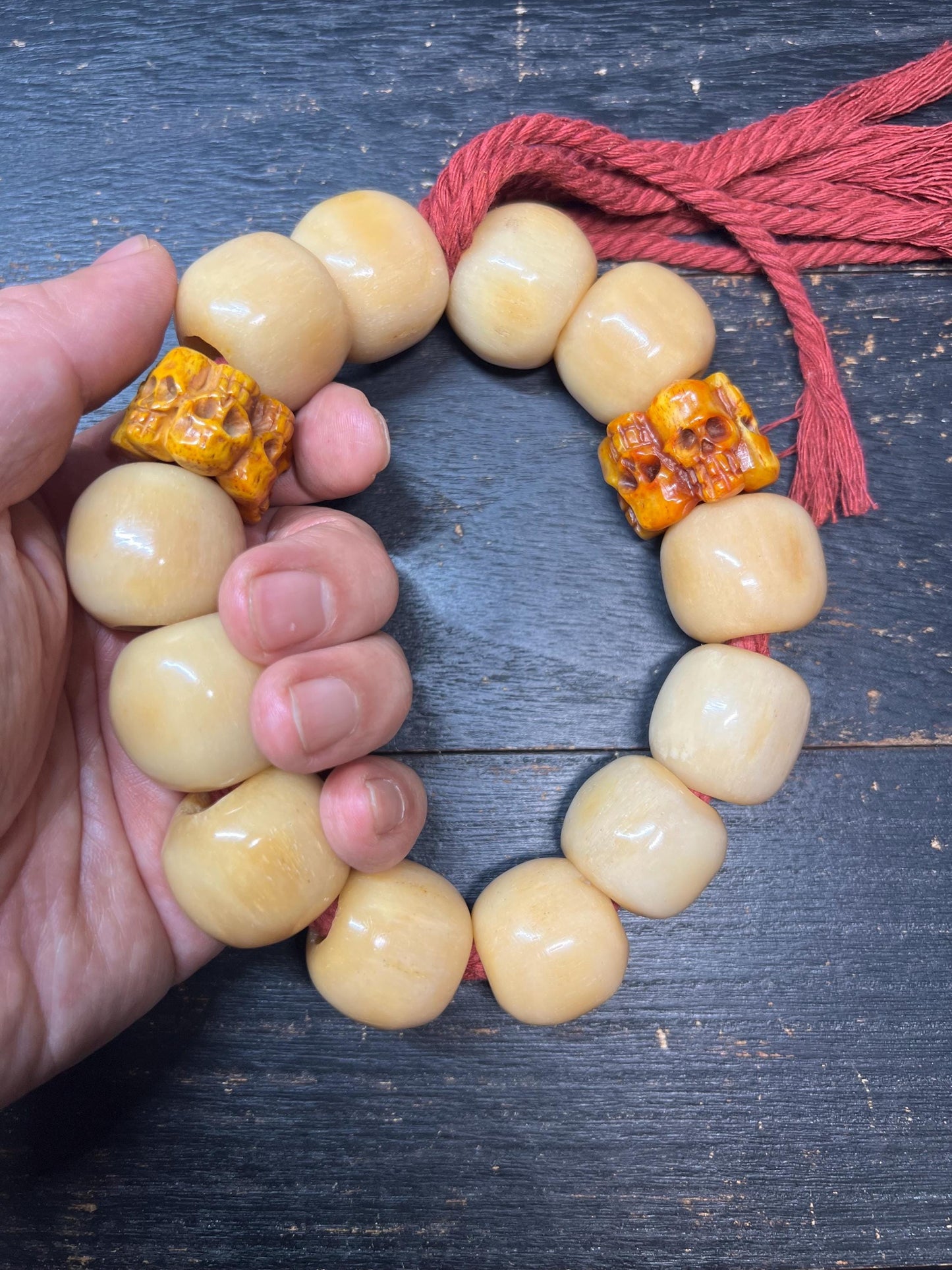 Vintage Tibetan Horse Bone Wrist Mala with Yak Bone Skull Spacer Beads, Large Carved Bone Prayer Bracelet, Buddhist Impermanence Talisman