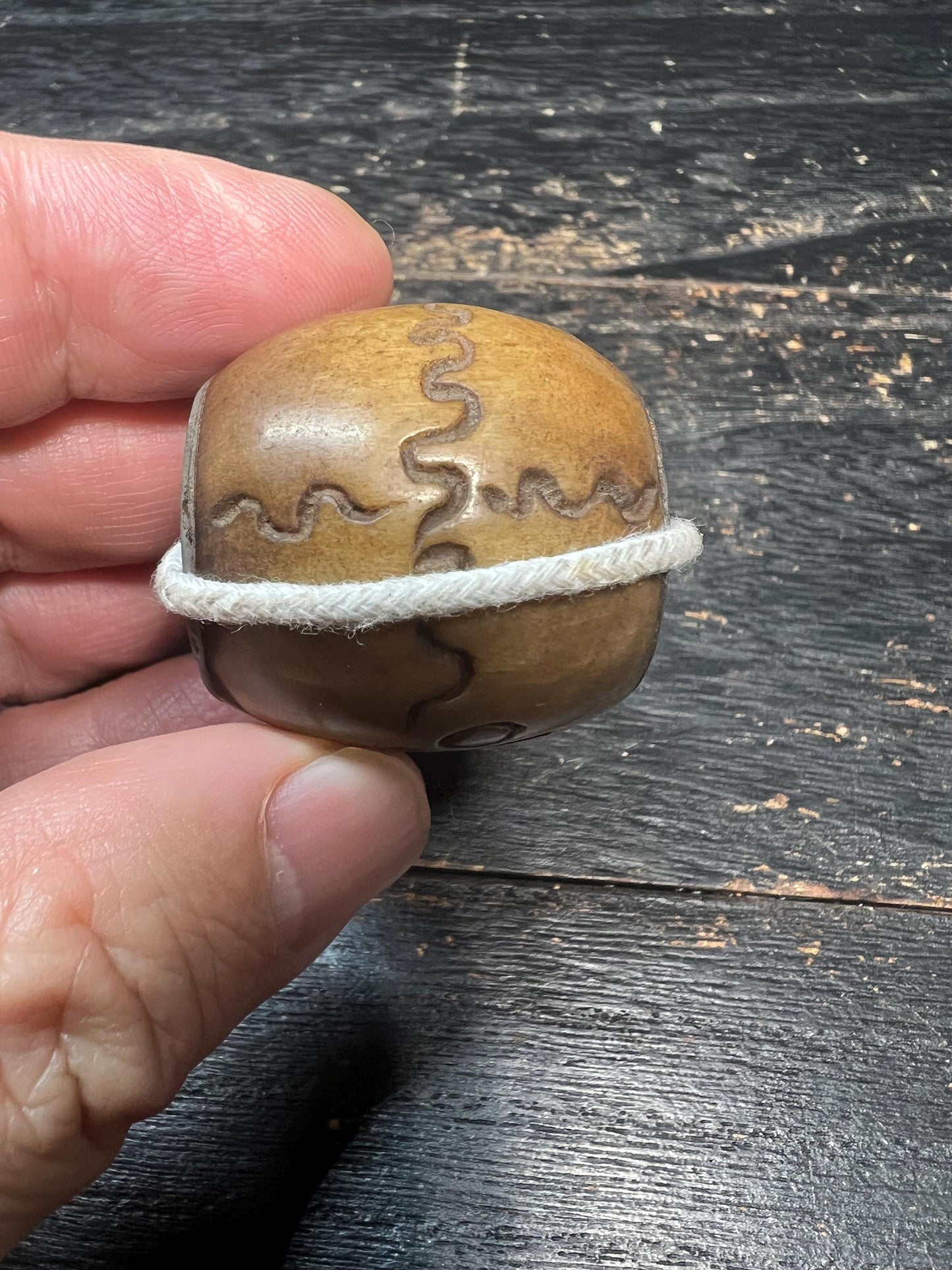 Hand‑Carved Yak Bone Skull Guru Bead, Large Tibetan Citipati Kapala Bead with “Om” Mantra, Iron‑Inlaid Charnel Ground Mala Centerpiece