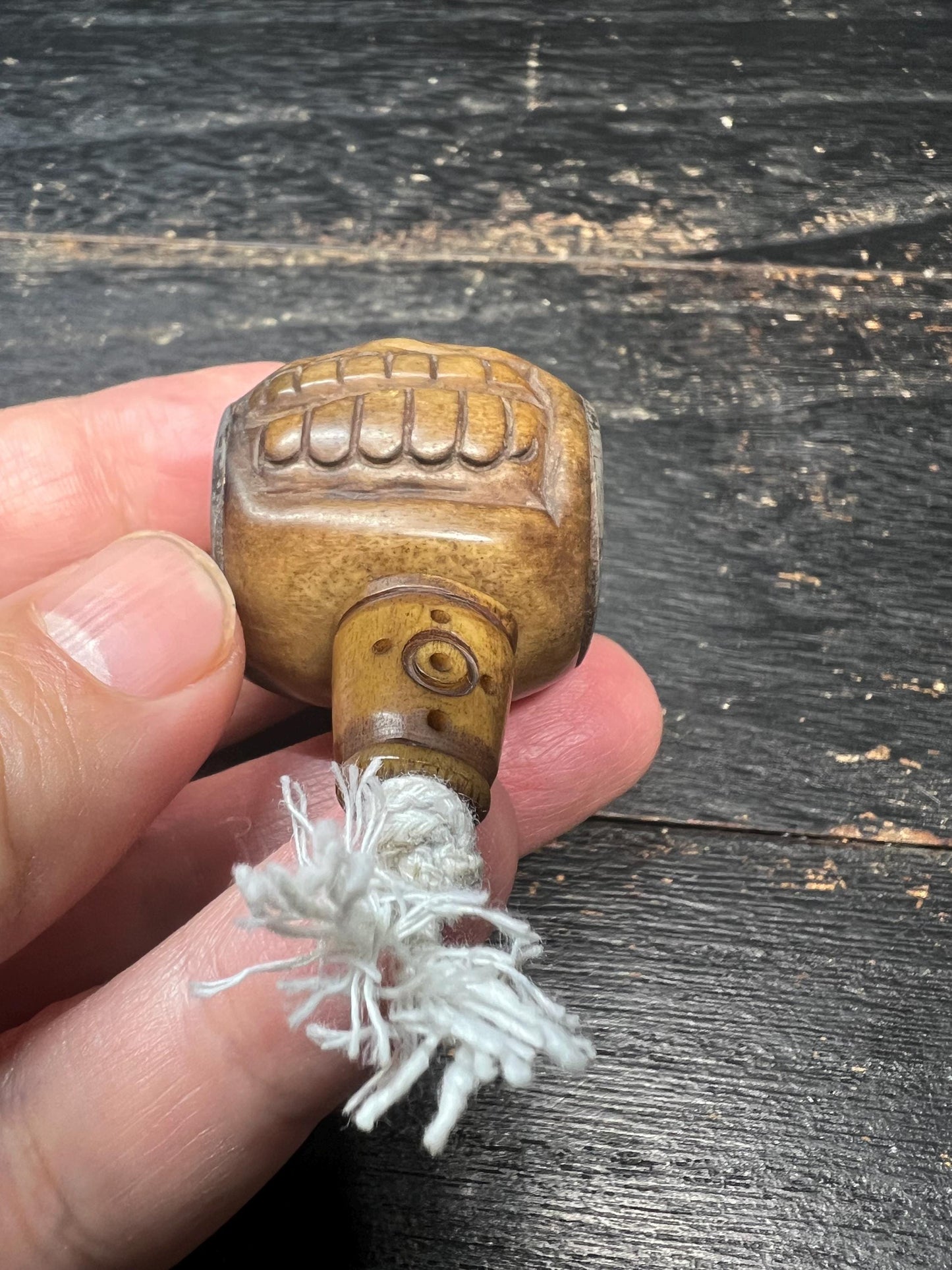 Hand‑Carved Yak Bone Skull Guru Bead, Large Tibetan Citipati Kapala Bead with “Om” Mantra, Iron‑Inlaid Charnel Ground Mala Centerpiece