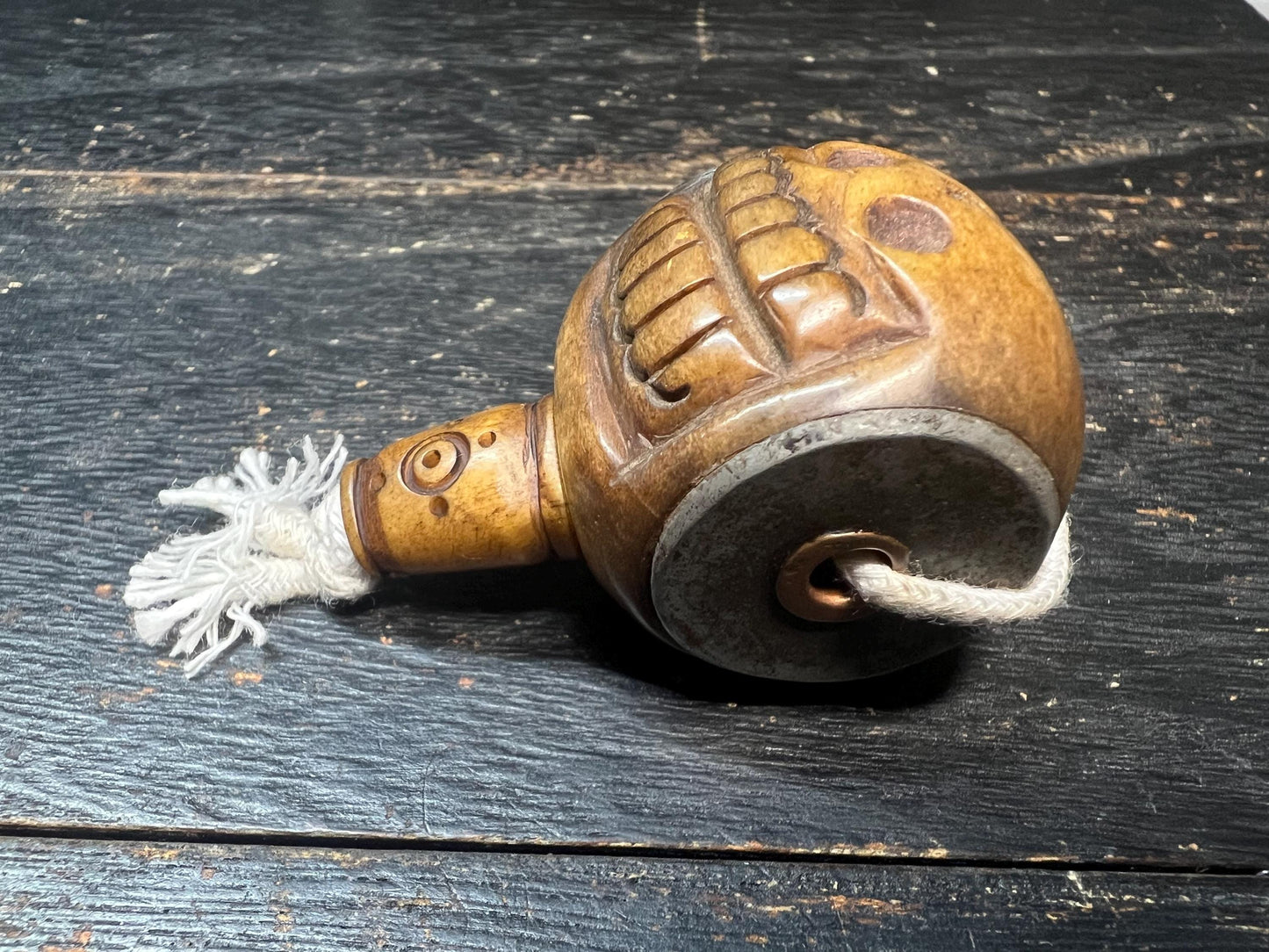 Hand‑Carved Yak Bone Skull Guru Bead, Large Tibetan Citipati Kapala Bead with “Om” Mantra, Iron‑Inlaid Charnel Ground Mala Centerpiece