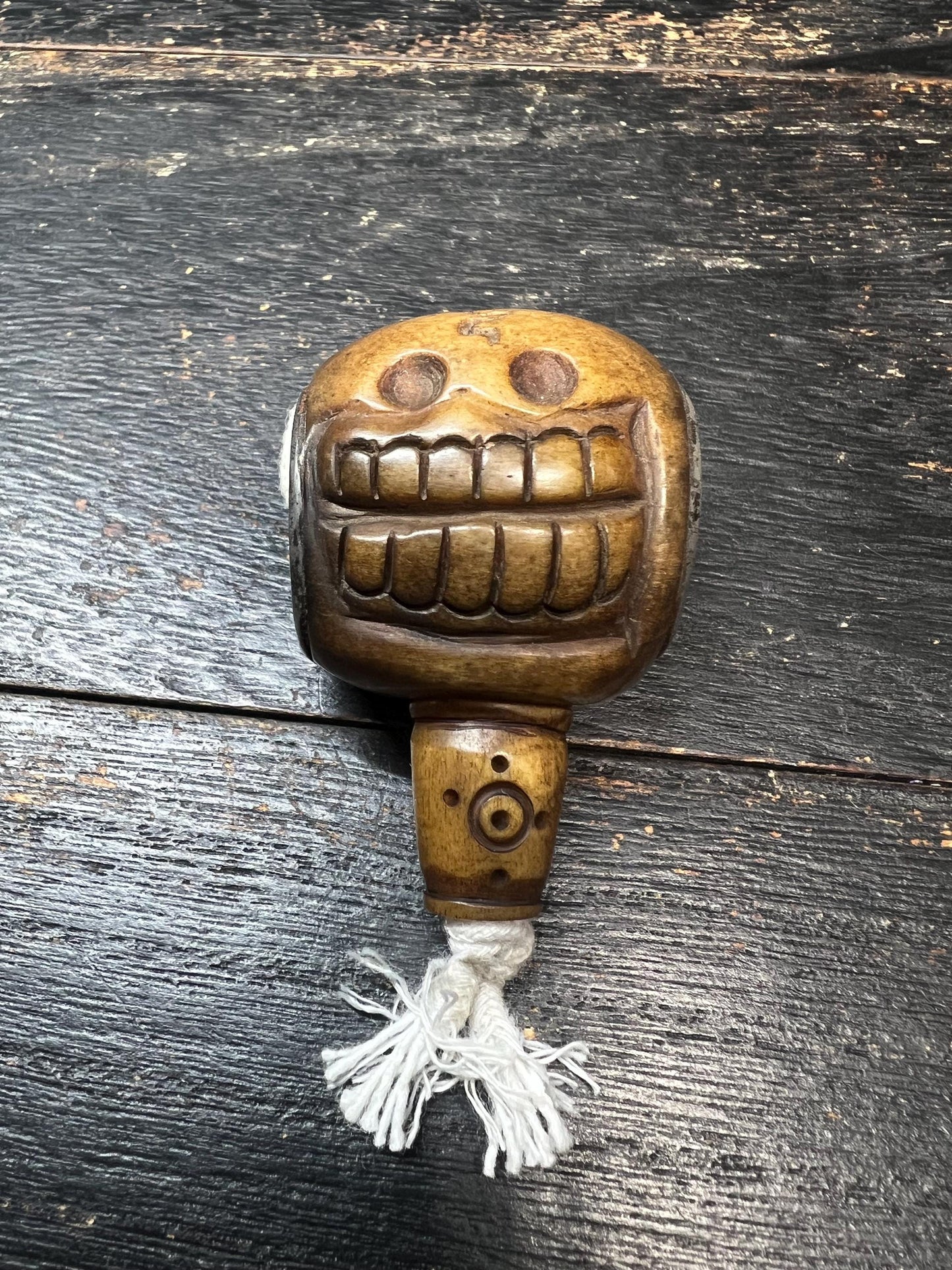 Hand‑Carved Yak Bone Skull Guru Bead, Large Tibetan Citipati Kapala Bead with “Om” Mantra, Iron‑Inlaid Charnel Ground Mala Centerpiece