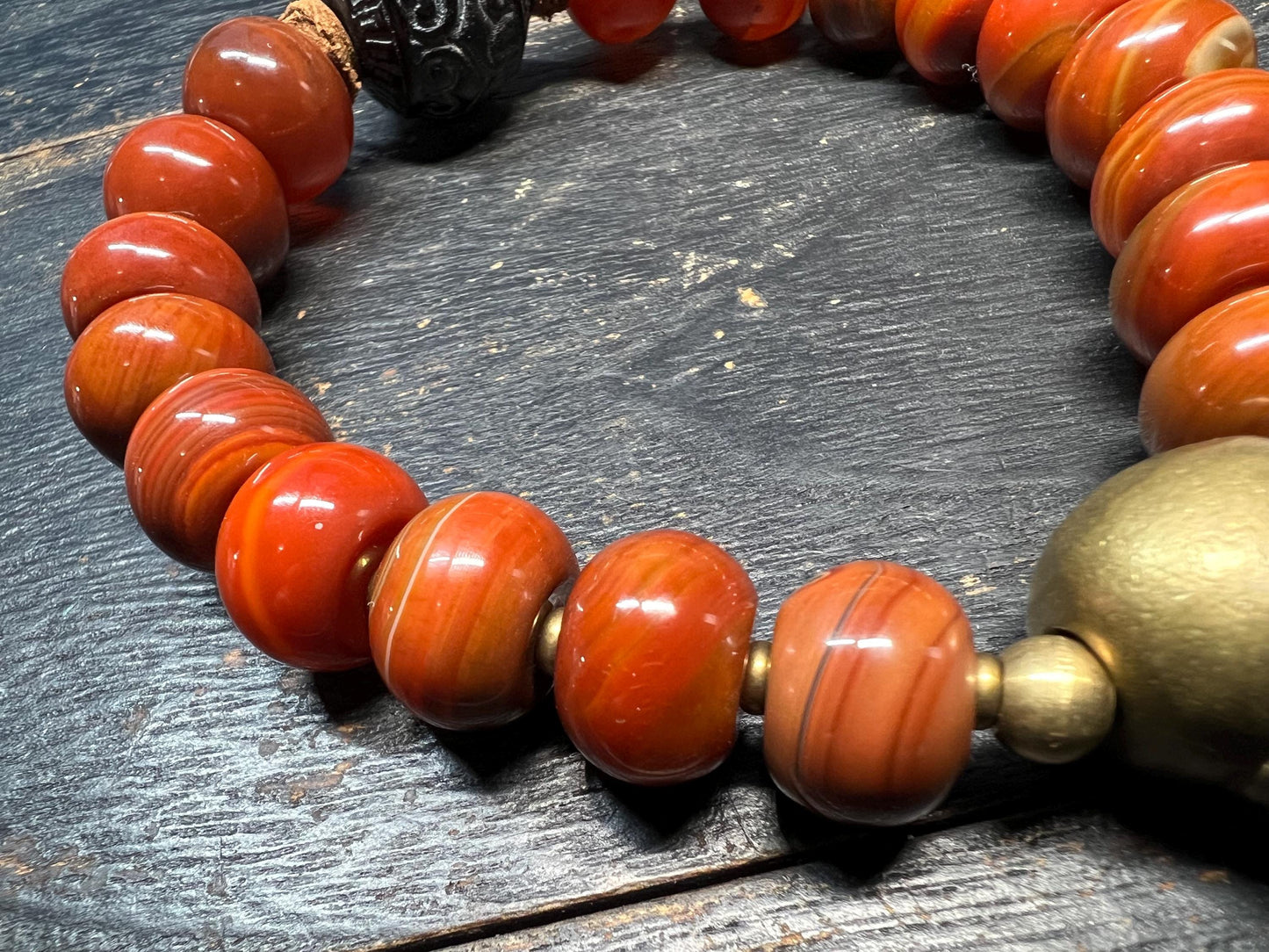 Red Agate Barrel Bead Bracelet with Brass Guru Bead and Carved Horn Center Bead, Tibetan-Style Adjustable Wrist Mala