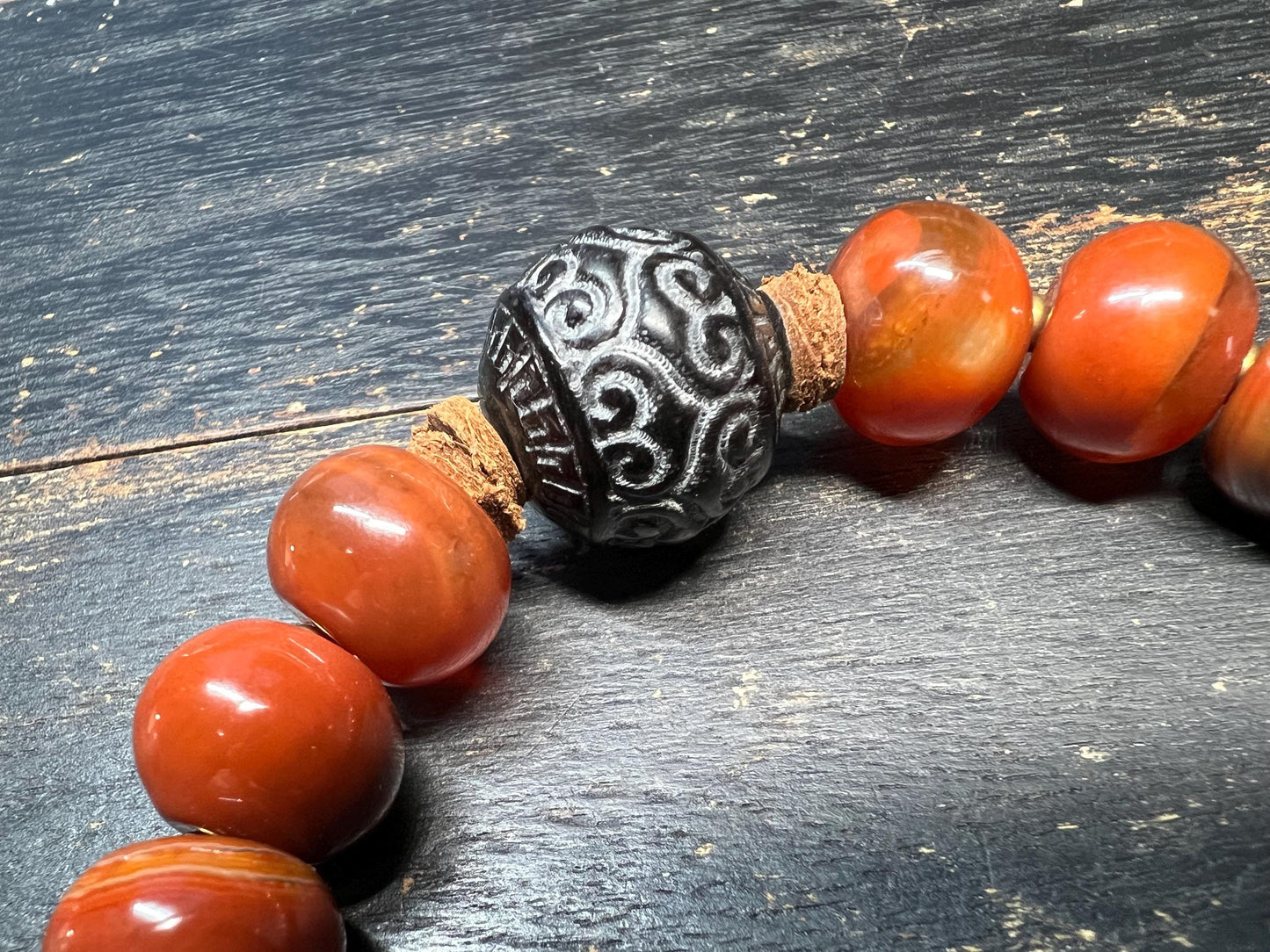 Red Agate Barrel Bead Bracelet with Brass Guru Bead and Carved Horn Center Bead, Tibetan-Style Adjustable Wrist Mala
