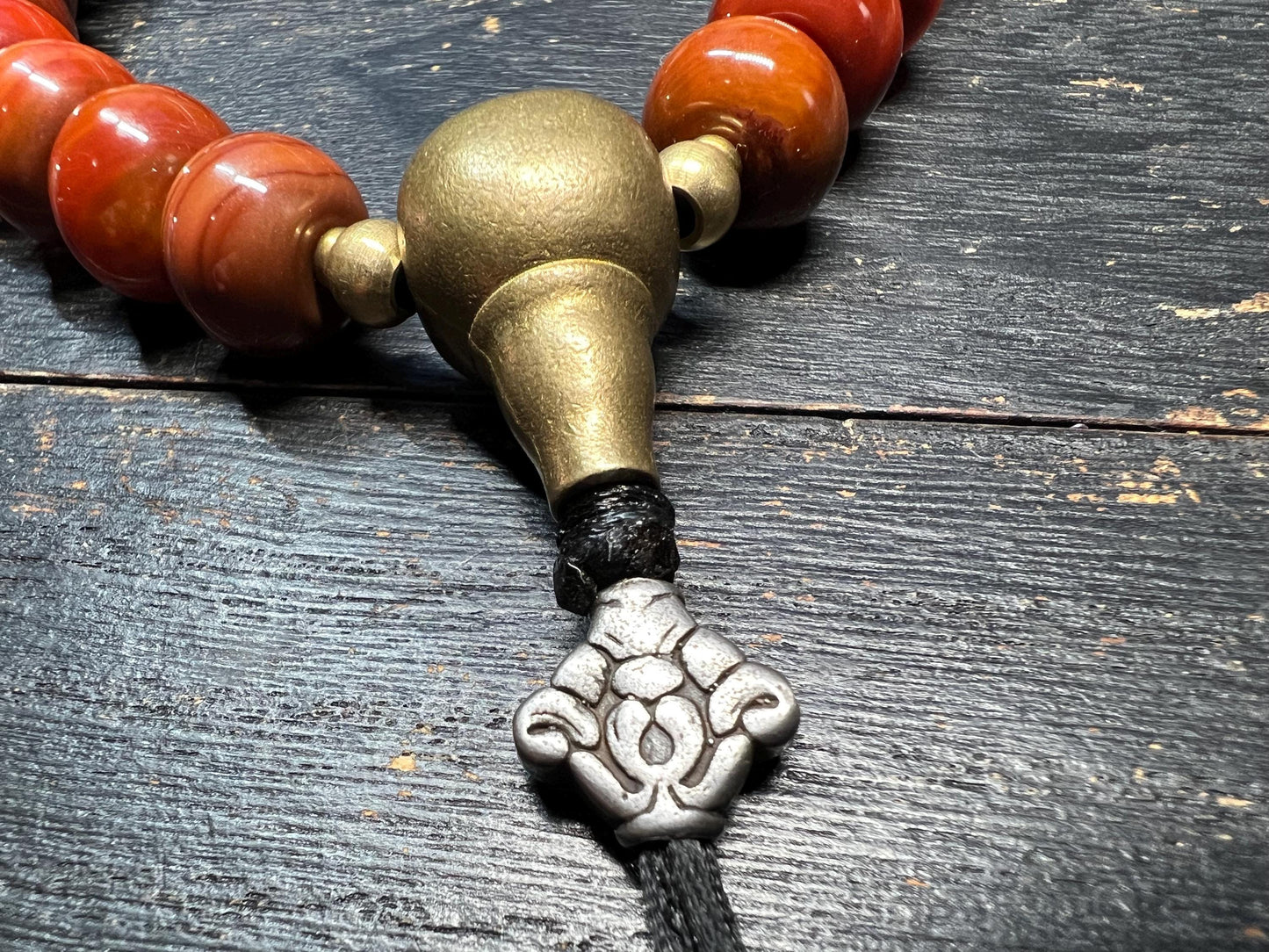 Red Agate Barrel Bead Bracelet with Brass Guru Bead and Carved Horn Center Bead, Tibetan-Style Adjustable Wrist Mala