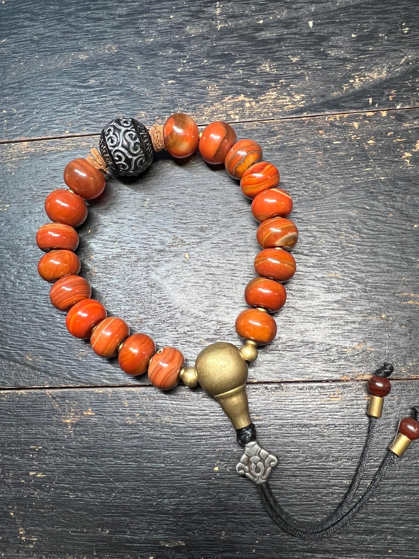 Red Agate Barrel Bead Bracelet with Brass Guru Bead and Carved Horn Center Bead, Tibetan-Style Adjustable Wrist Mala