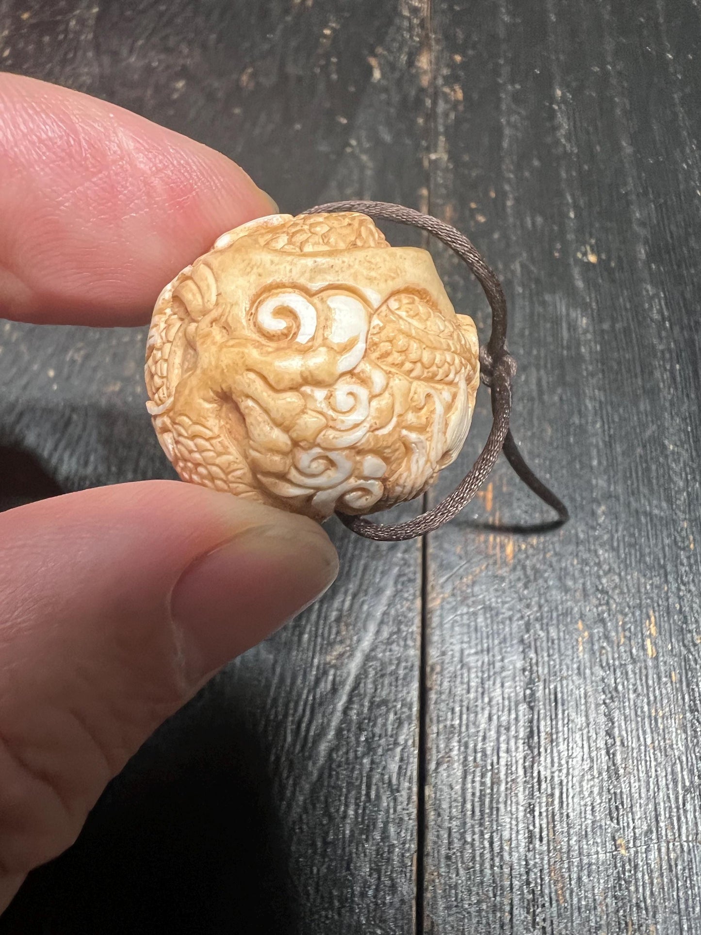 Hand Carved Deer Antler Dragon Bead, 26mm Chinese Dragon Ojime Style Pendant, Natural Antler Carving for Necklace or Mala