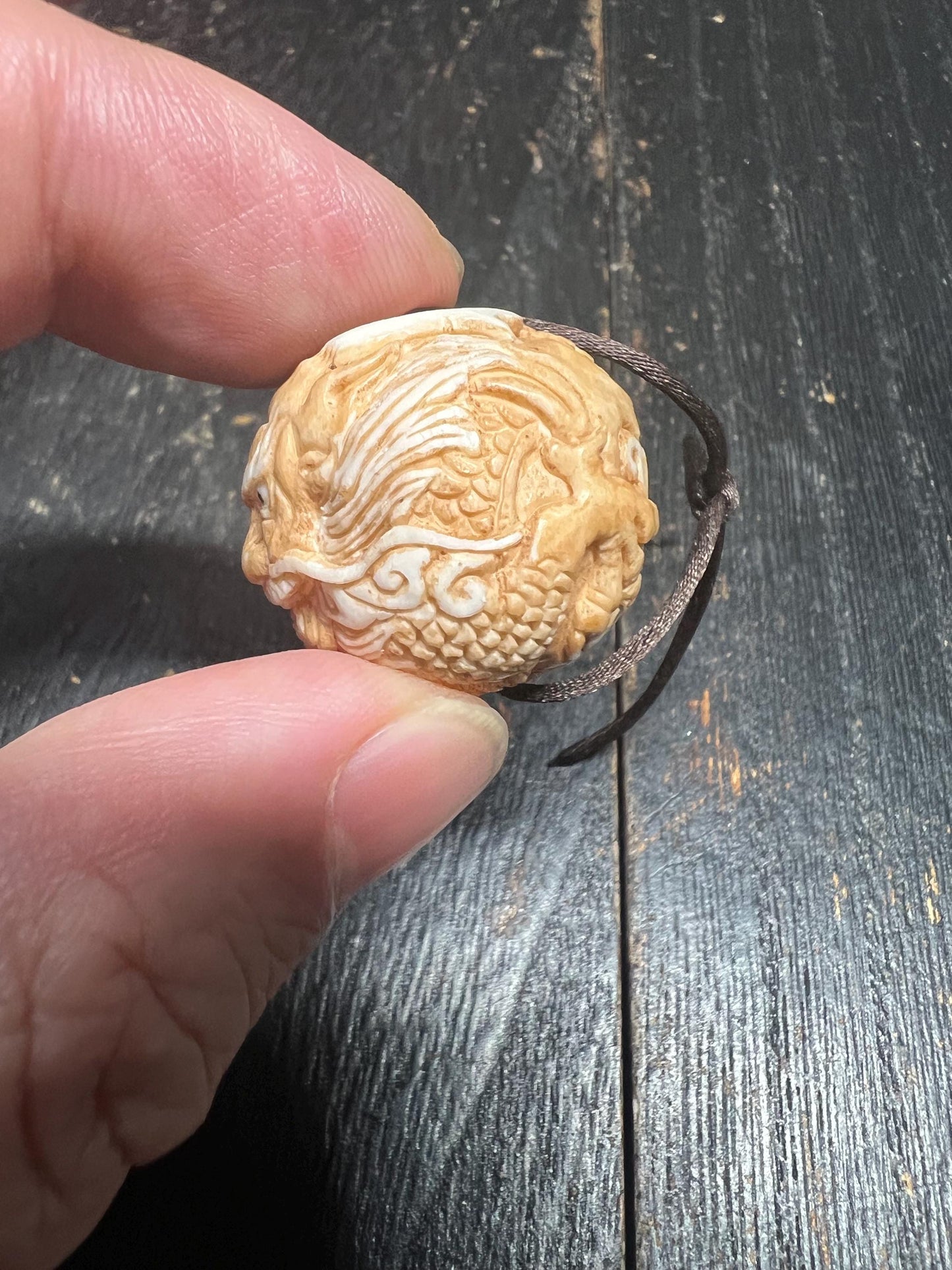 Hand Carved Deer Antler Dragon Bead, 26mm Chinese Dragon Ojime Style Pendant, Natural Antler Carving for Necklace or Mala