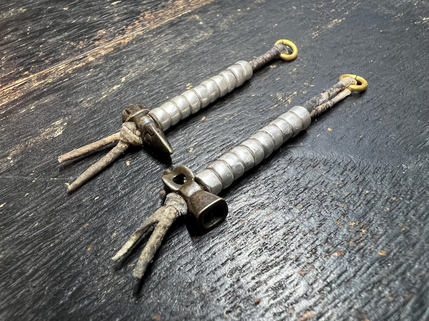 Antique Tibetan Brass Hammer Prayer Counters - Pair for Mala Beads, Ritual Vajra Tally Markers with Leather Cords