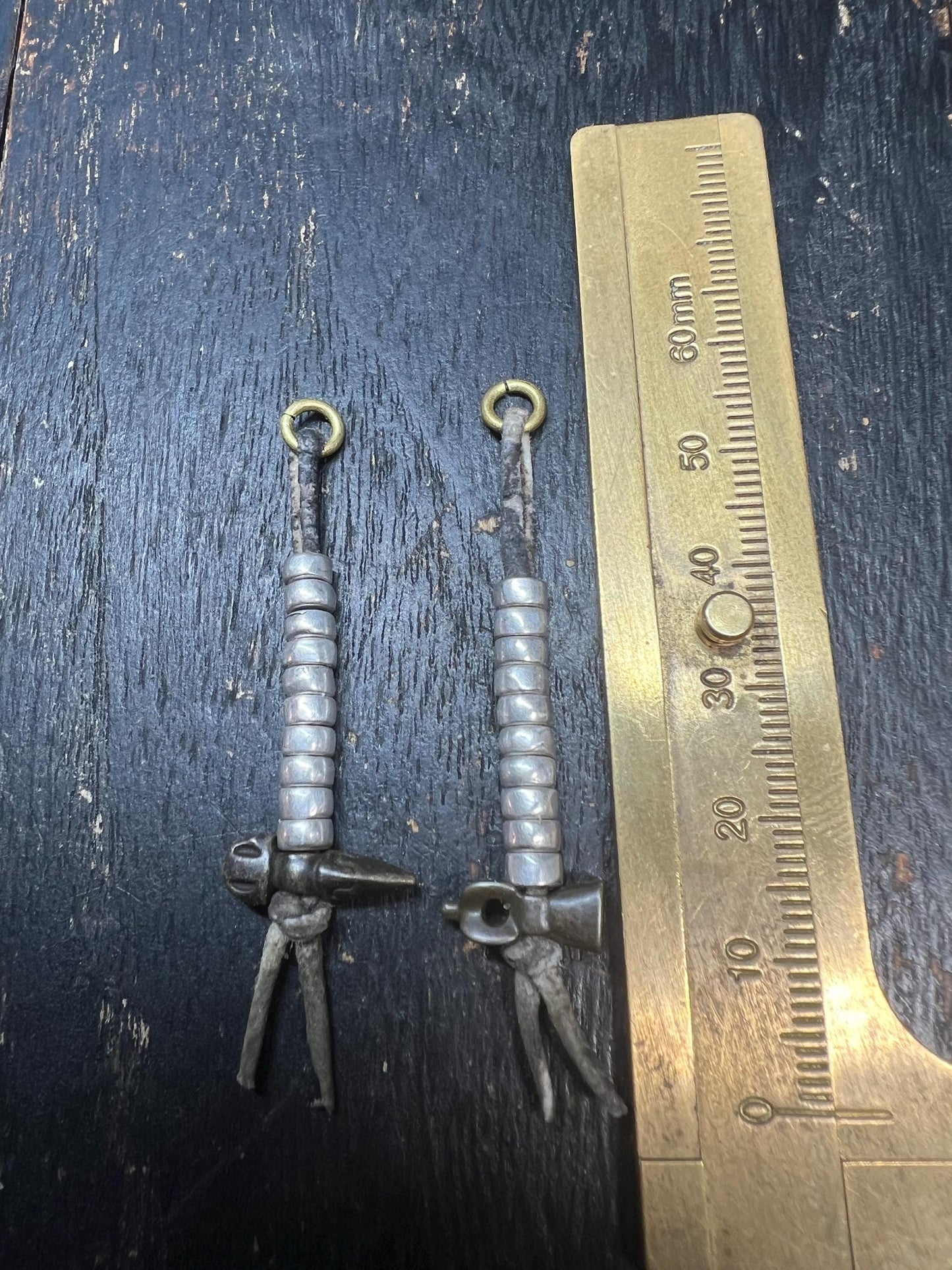Antique Tibetan Brass Hammer Prayer Counters - Pair for Mala Beads, Ritual Vajra Tally Markers with Leather Cords