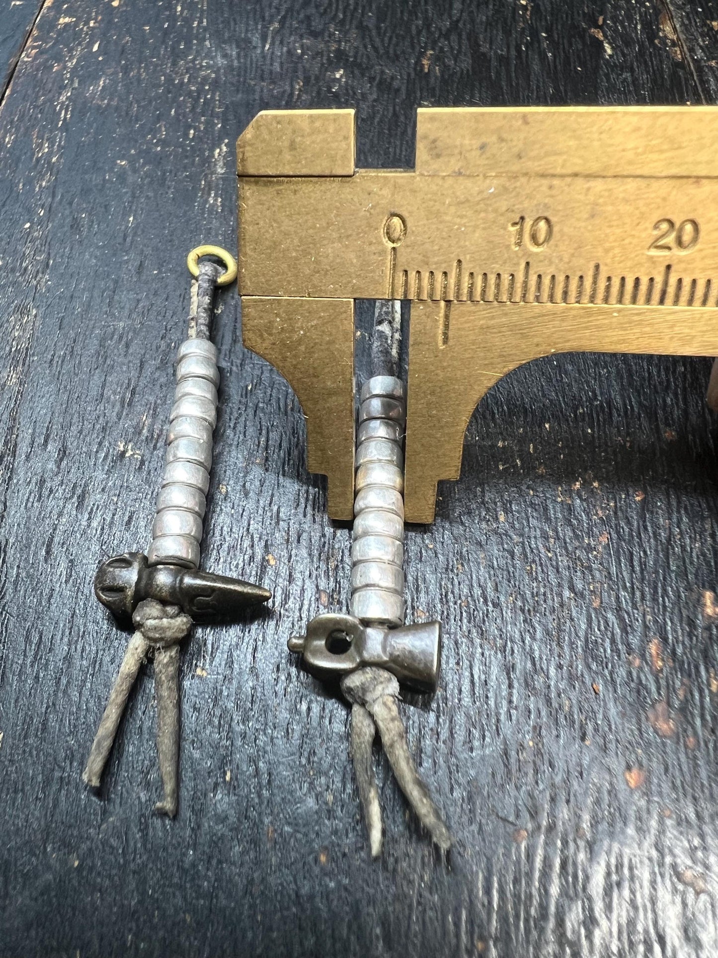 Antique Tibetan Brass Hammer Prayer Counters - Pair for Mala Beads, Ritual Vajra Tally Markers with Leather Cords