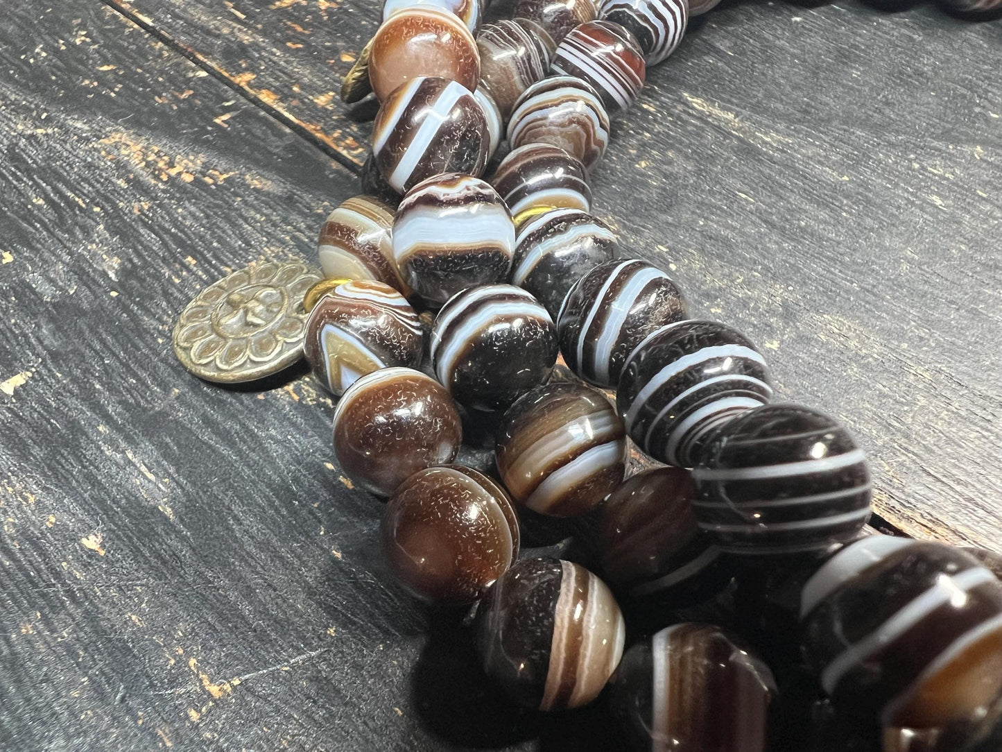 Antique-Style Brown Banded Agate 108-Bead Mala Necklace, 10mm Tibetan Prayer Beads, 22mm Guru Bead, Brass Accents, 40” Circumference