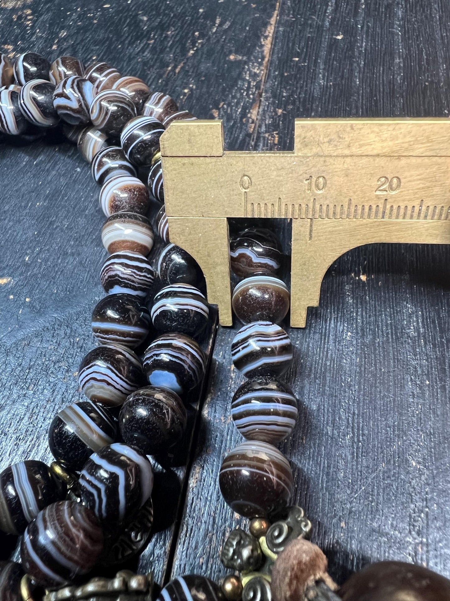 Antique-Style Brown Banded Agate 108-Bead Mala Necklace, 10mm Tibetan Prayer Beads, 22mm Guru Bead, Brass Accents, 40” Circumference