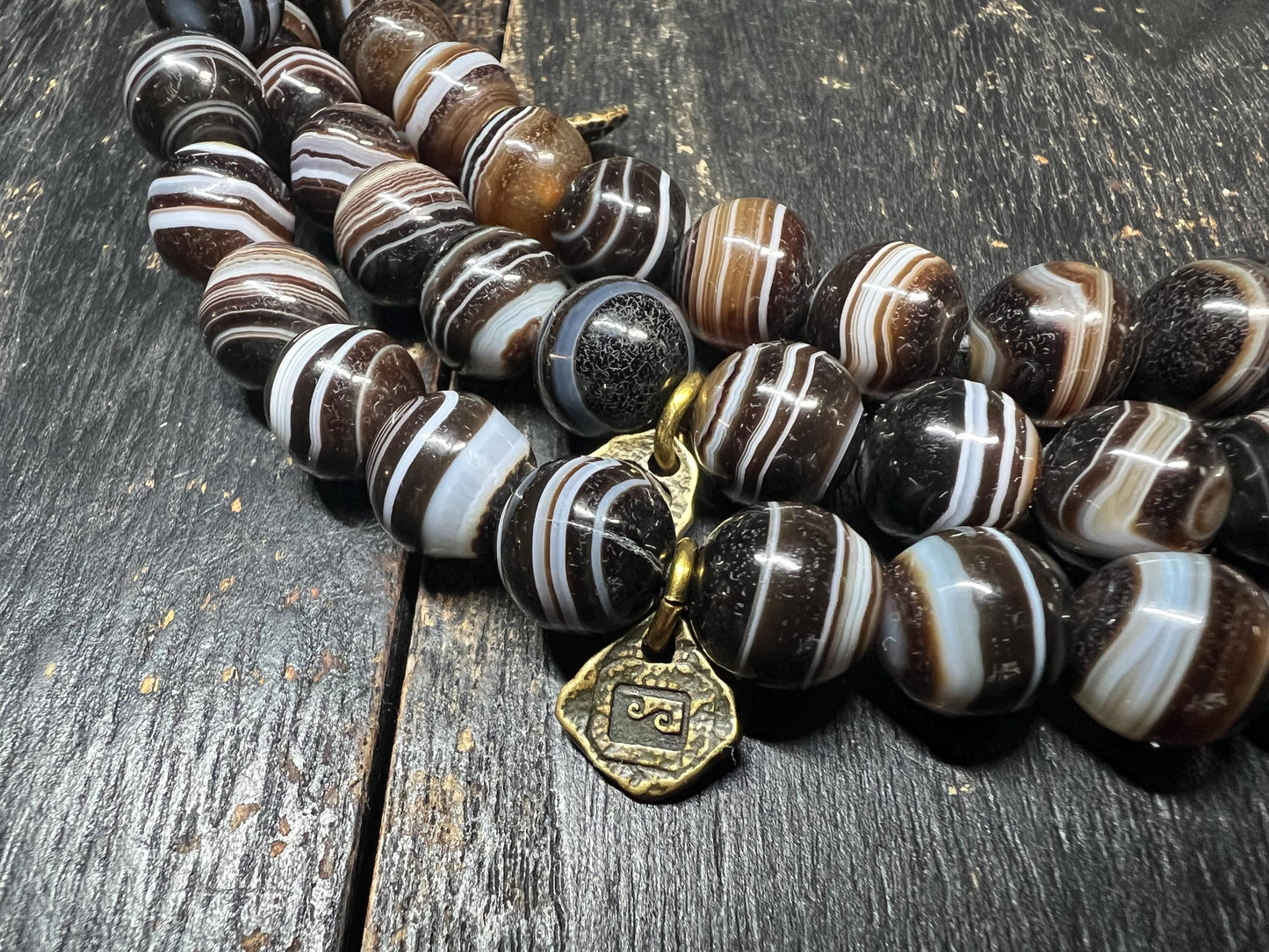 Antique-Style Brown Banded Agate 108-Bead Mala Necklace, 10mm Tibetan Prayer Beads, 22mm Guru Bead, Brass Accents, 40” Circumference