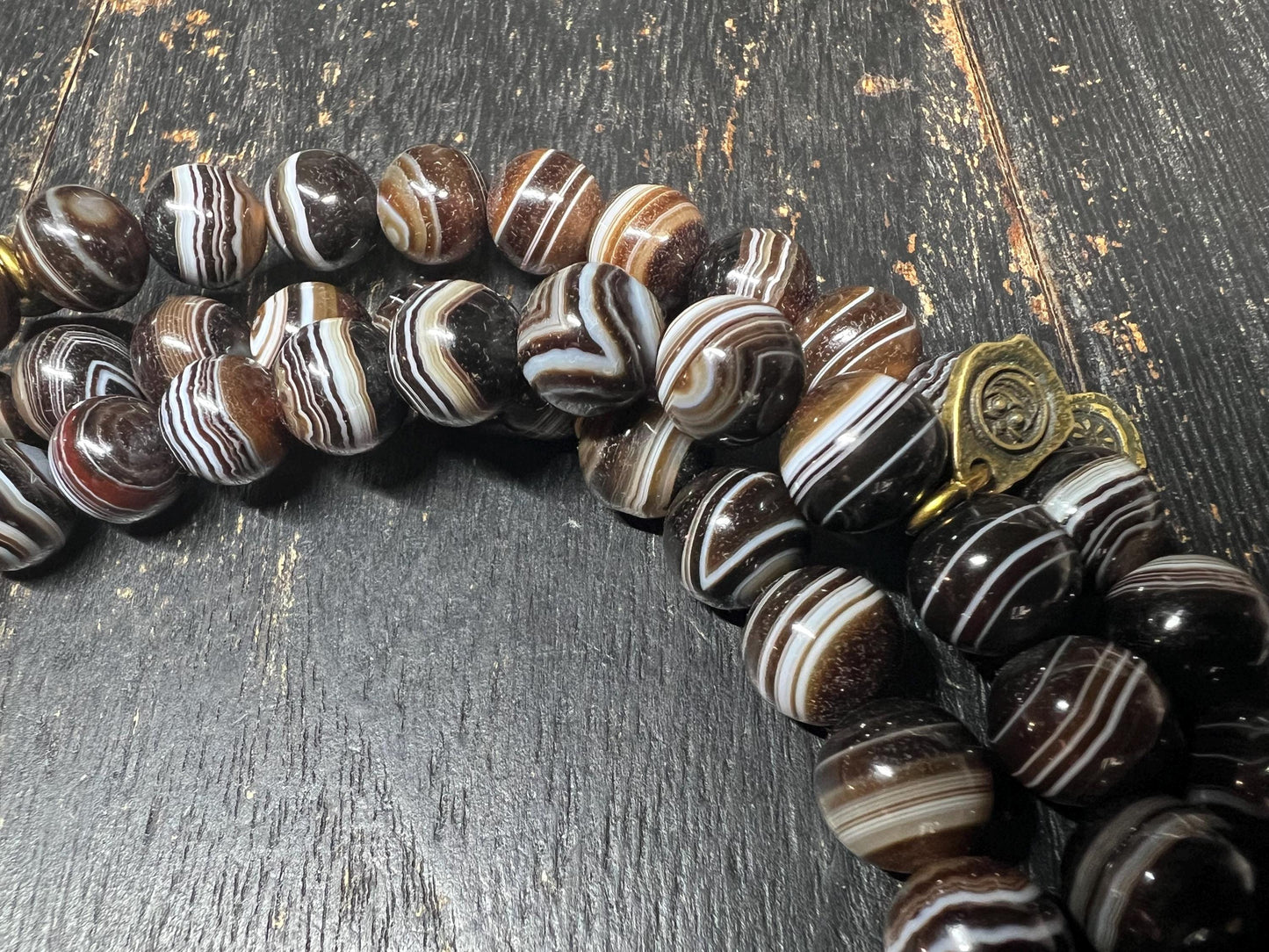 Antique-Style Brown Banded Agate 108-Bead Mala Necklace, 10mm Tibetan Prayer Beads, 22mm Guru Bead, Brass Accents, 40” Circumference