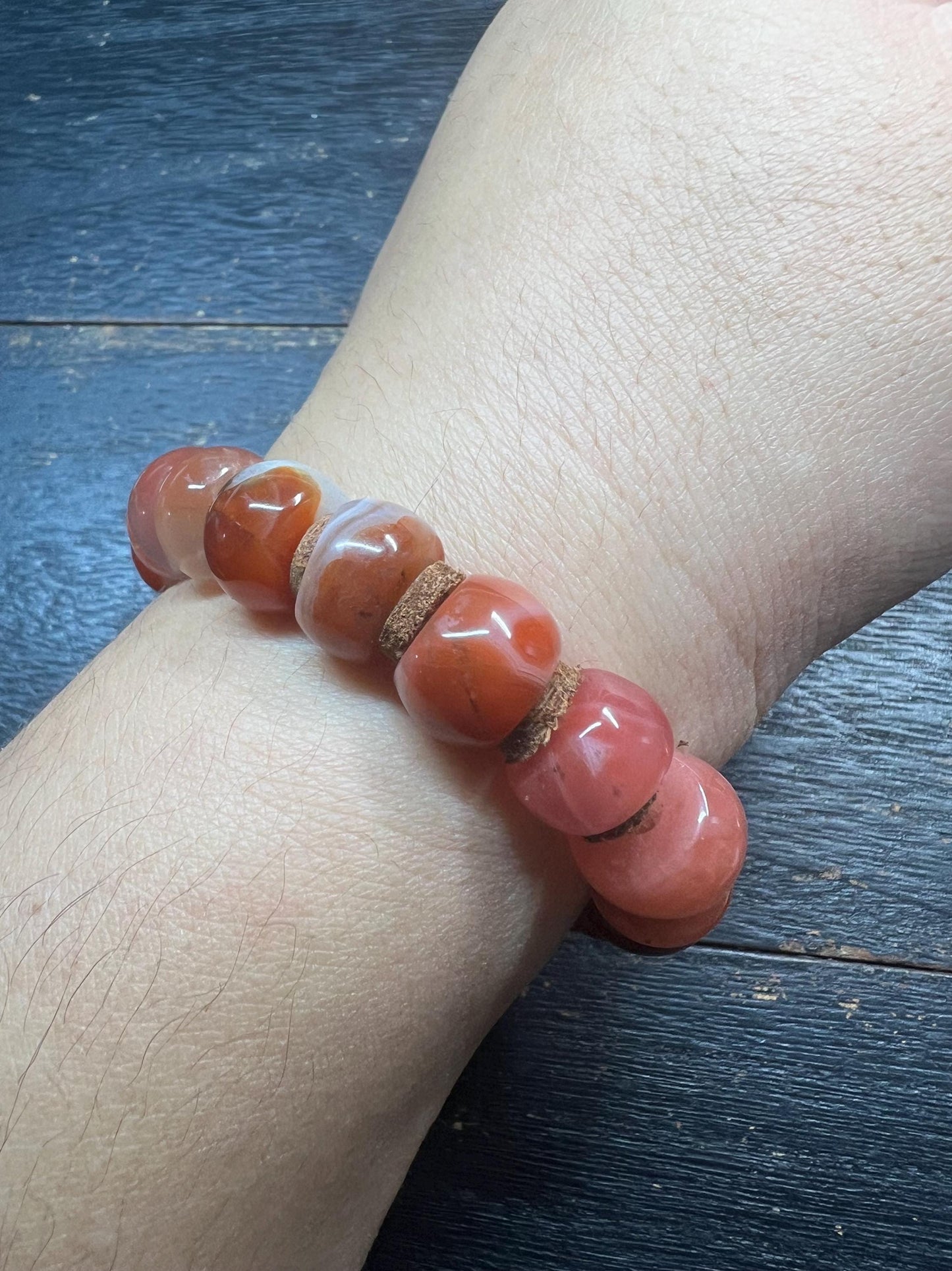 Handmade Tibetan Nanhong Agate Bracelet, Southern Red Agate, Leather Spacer Mala, Fits 8” Wrist, Buddhist Meditation Jewelry, Unisex Gift