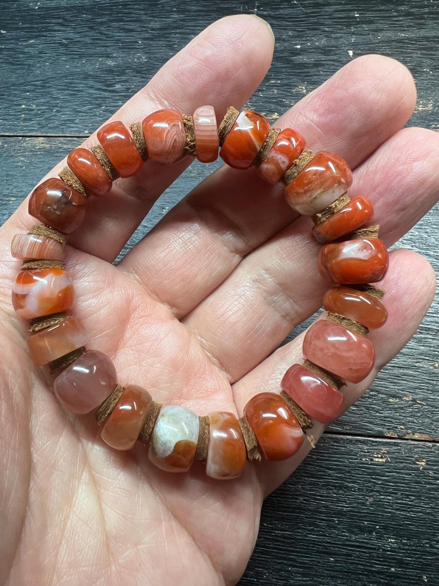 Handmade Tibetan Nanhong Agate Bracelet, Southern Red Agate, Leather Spacer Mala, Fits 8” Wrist, Buddhist Meditation Jewelry, Unisex Gift