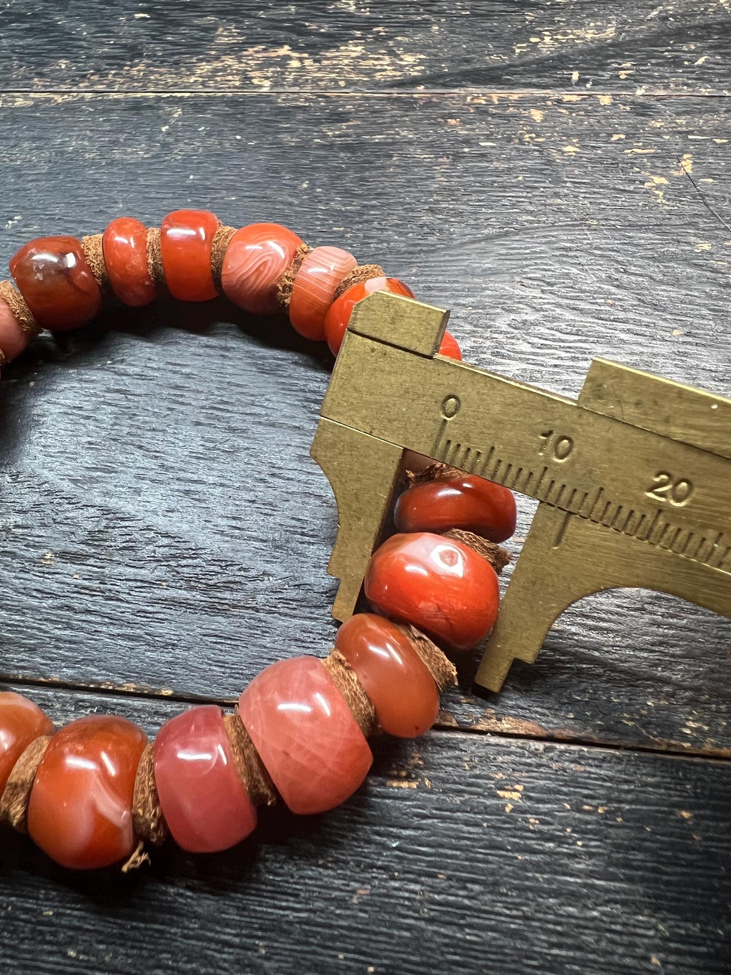 Handmade Tibetan Nanhong Agate Bracelet, Southern Red Agate, Leather Spacer Mala, Fits 8” Wrist, Buddhist Meditation Jewelry, Unisex Gift