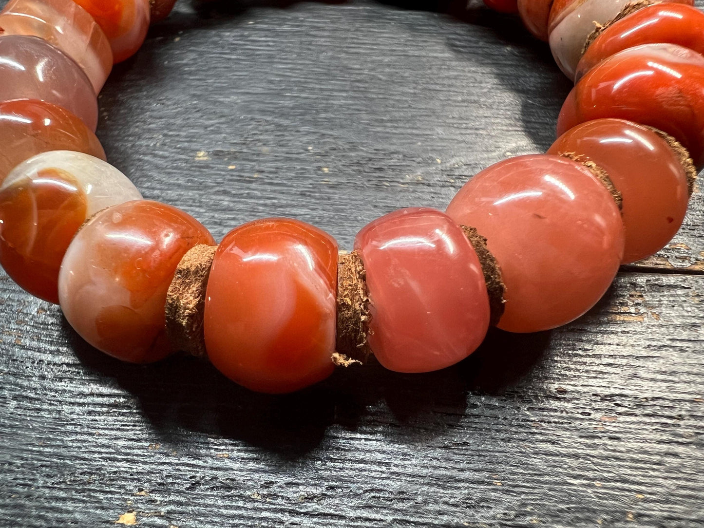 Handmade Tibetan Nanhong Agate Bracelet, Southern Red Agate, Leather Spacer Mala, Fits 8” Wrist, Buddhist Meditation Jewelry, Unisex Gift